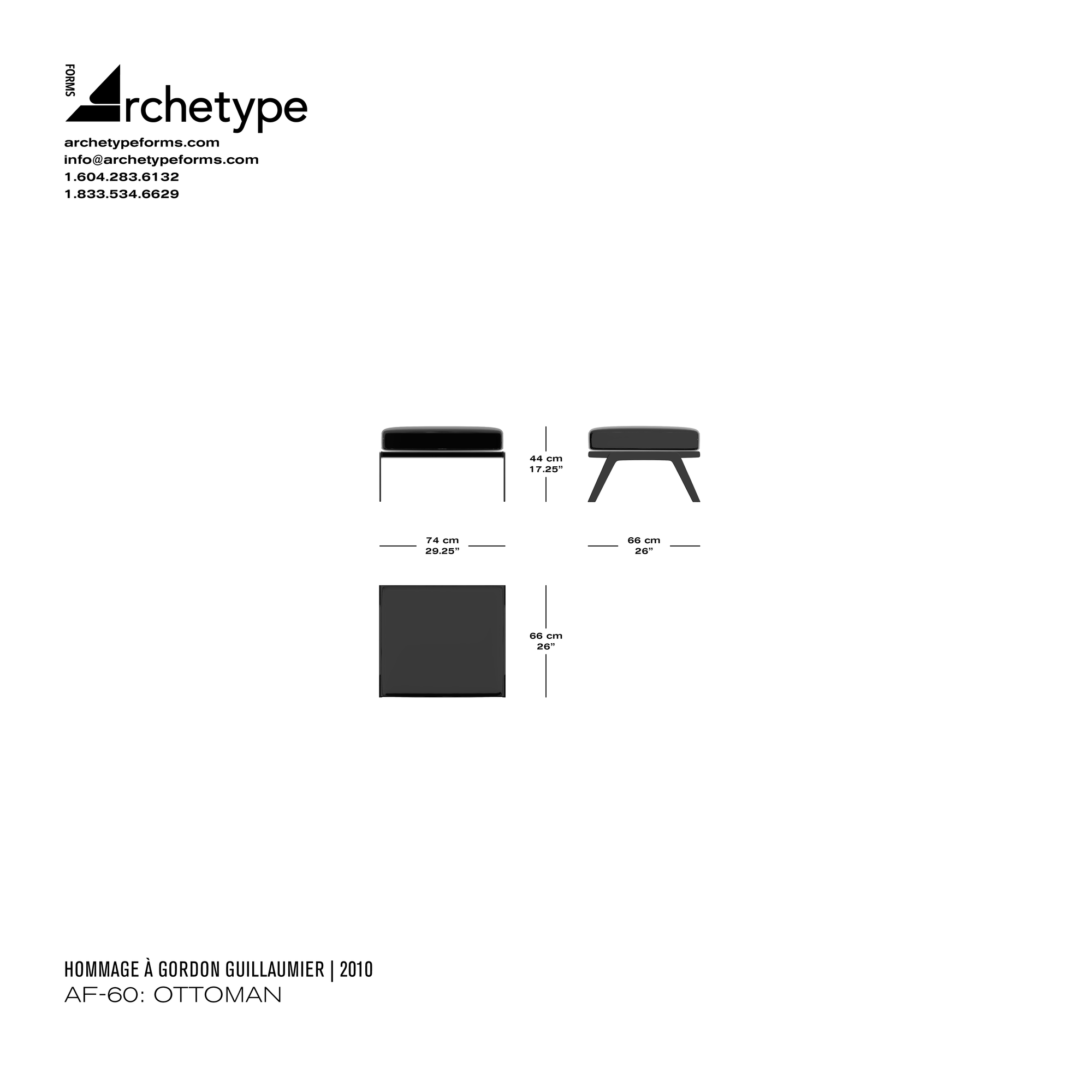 Dimensions diagram in cm and inches of the Archetype Forms AF-60: Ottoman, a reproduction of the Gordon Guillaumier DS-60 Ottoman, model DS-60/05 by Hommage À Gordon Guillaumier