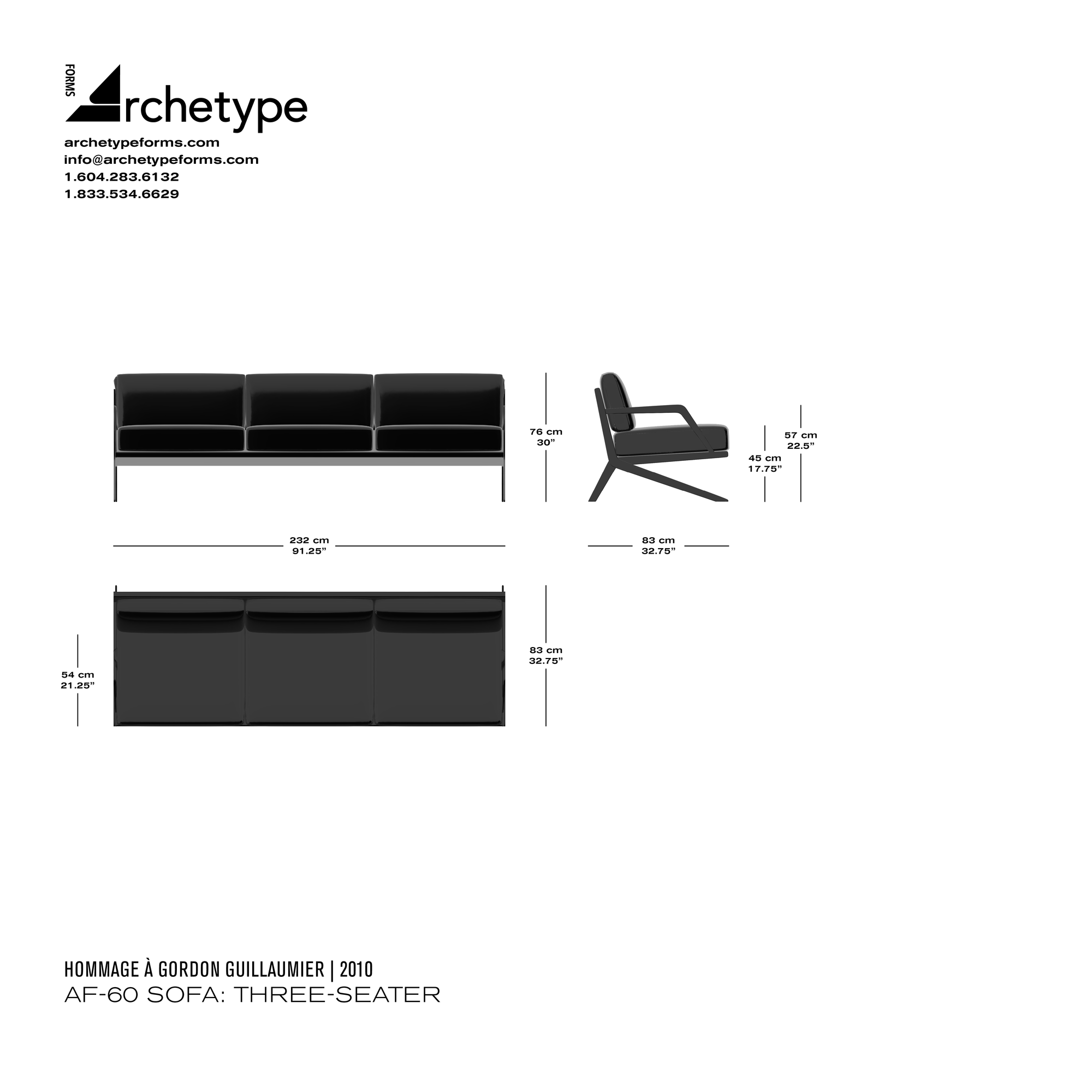 Dimensions diagram in cm and inches of the Archetype Forms AF-60 Sofa: Three-Seater, a reproduction of the Gordon Guillaumier DS-60 Sofa 3-Seater, model DS-60/04 by Hommage À Gordon Guillaumier