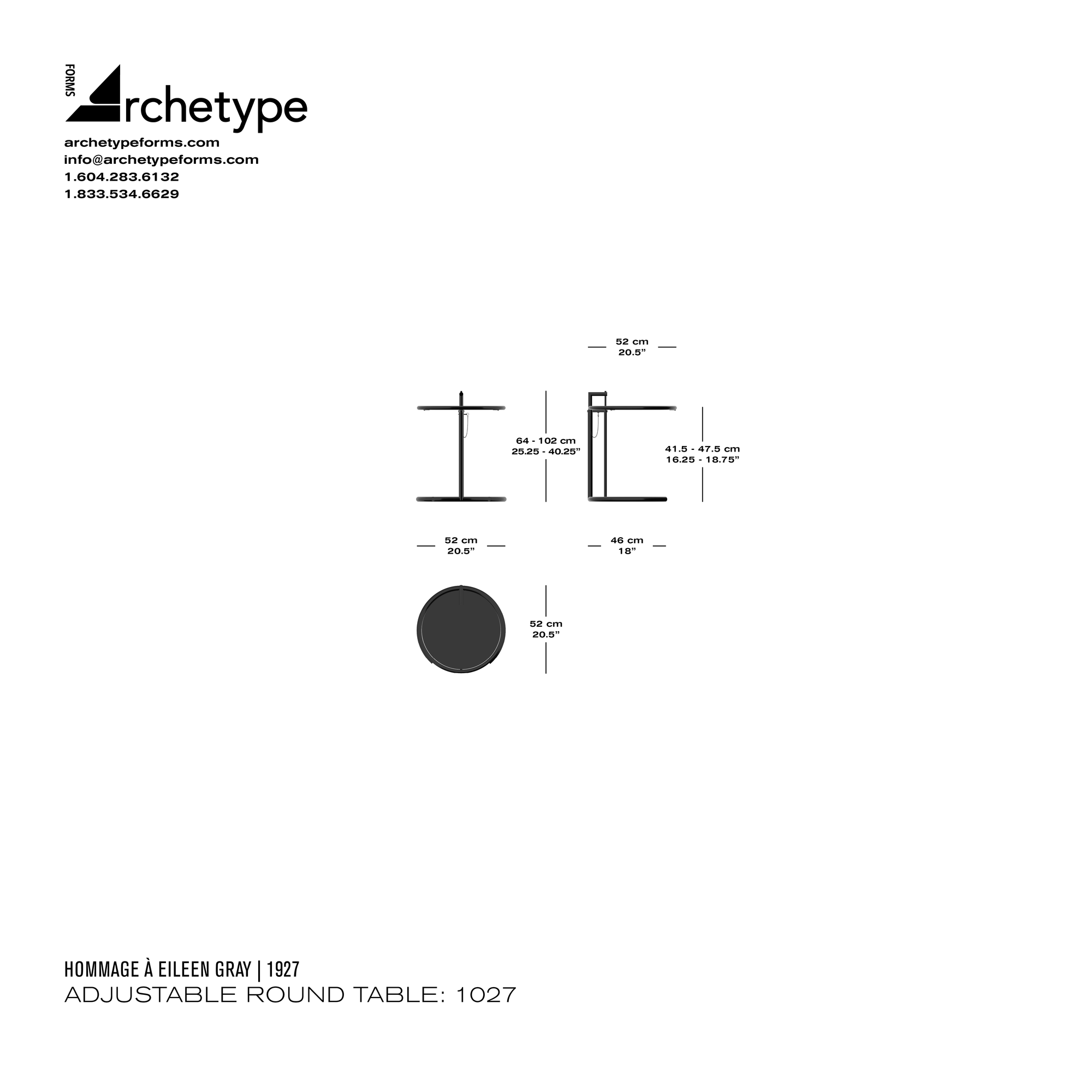 Dimensions diagram in cm and inches of the Archetype Forms Adjustable Round Table: 1027, a reproduction of the Eileen Gray E1027 Adjustable Side Table, 1927 by Hommage À Eileen Gray