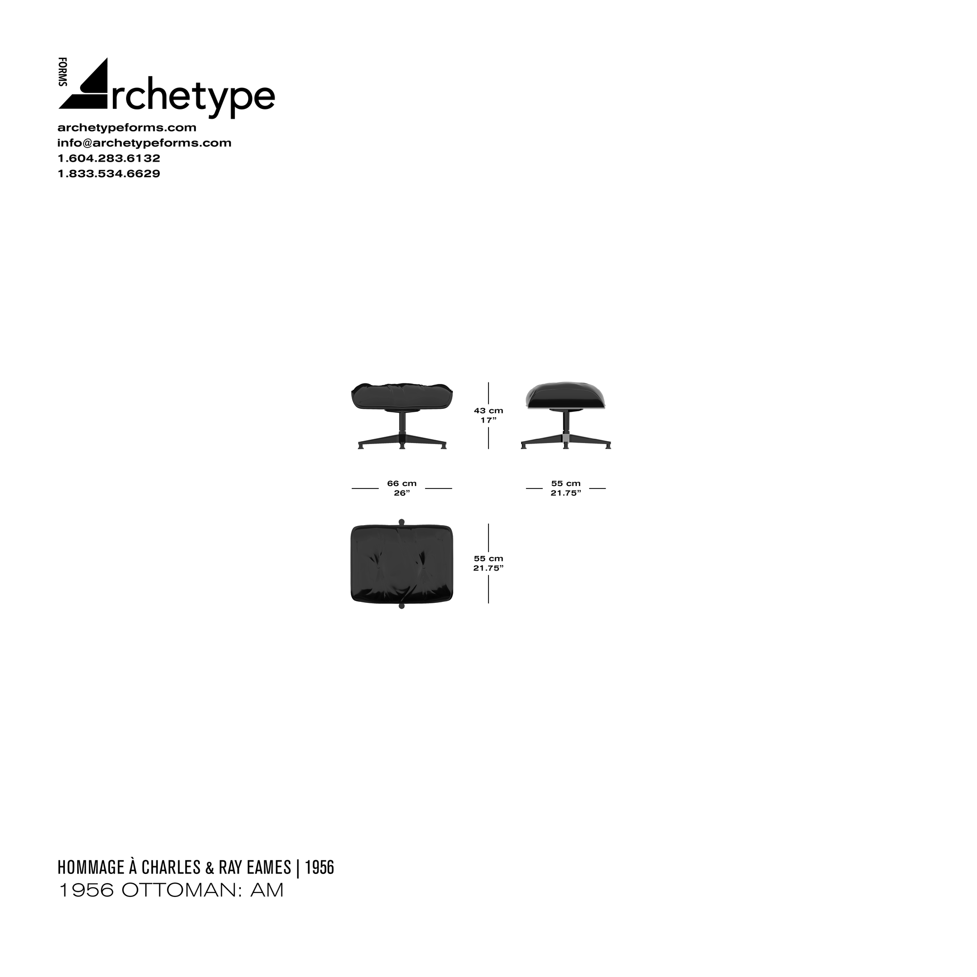 Dimensions diagram in cm and inches of the Archetype Forms 1956 Ottoman: AM, a reproduction of the Charles & Ray Eames Ottoman Model 671 with American Base by Hommage À Charles & Ray Eames