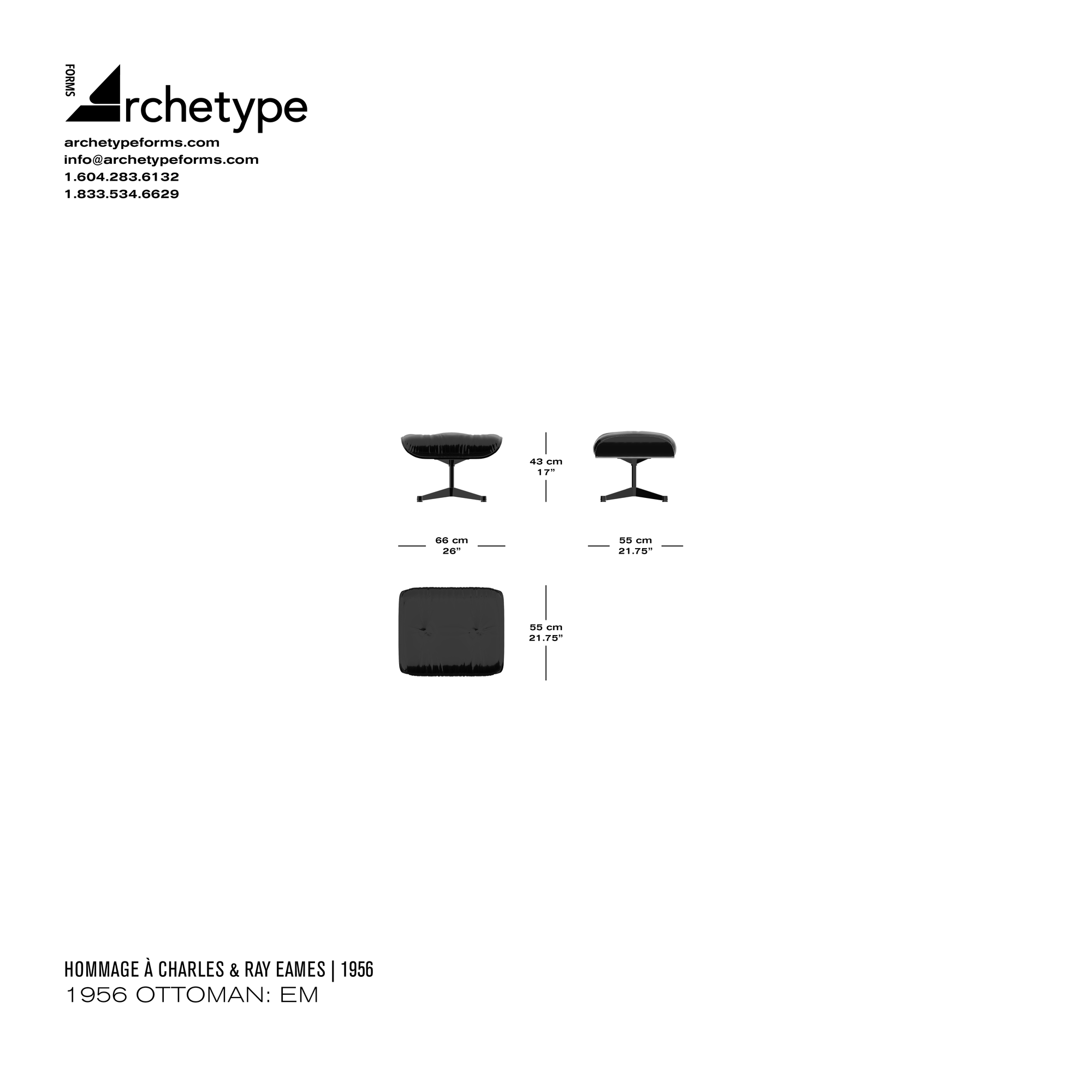 Dimensions diagram in cm and inches of the Archetype Forms 1956 Ottoman: EM, a reproduction of the Charles & Ray Eames Ottoman Model 671 with European Base by Hommage À Charles & Ray Eames