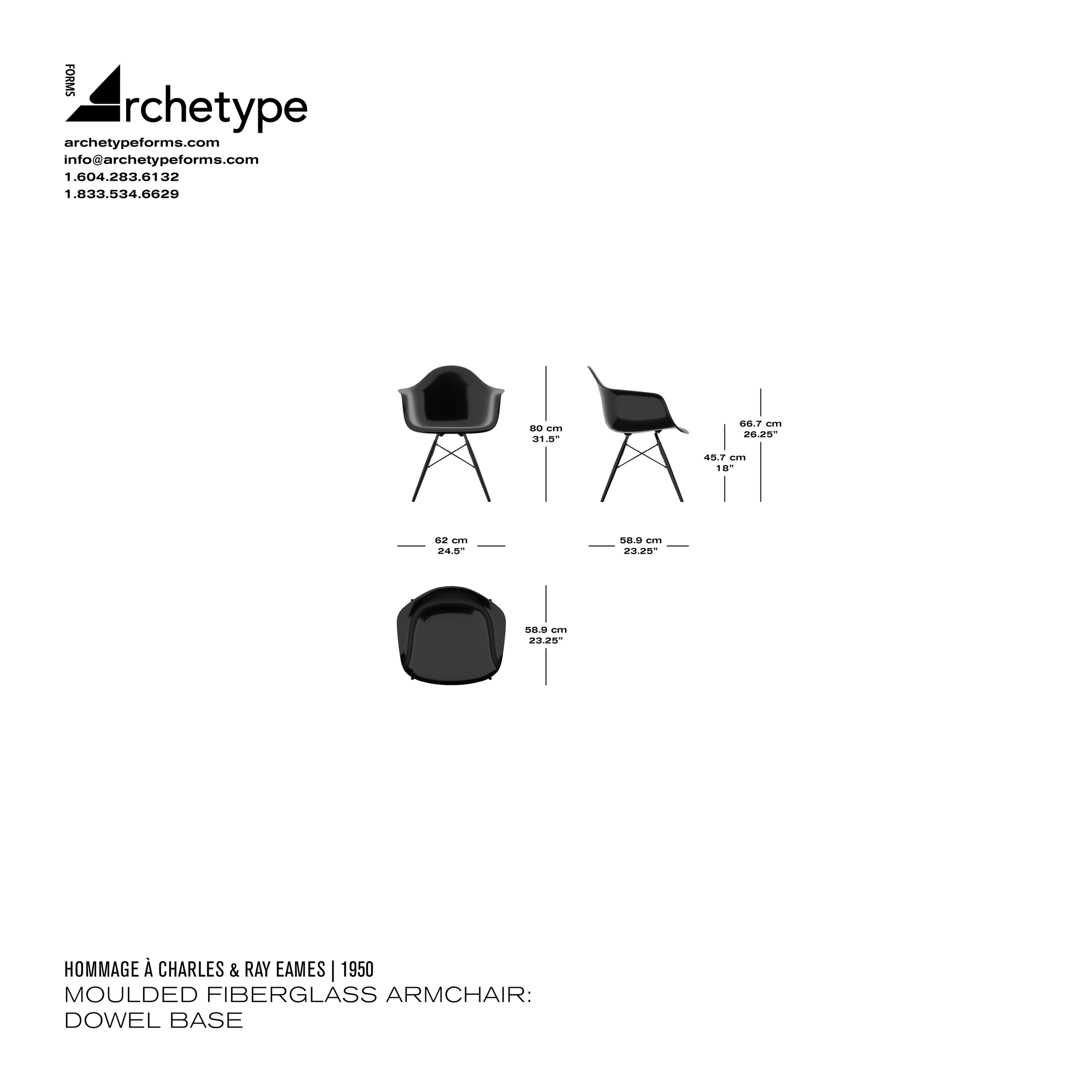 Dimensions diagram in cm and inches of the Archetype Forms Moulded Fiberglass Armchair: Dowel Base, a reproduction of the Charles and Ray Eames DFAW Molded Fiberglass Dining Chair, Dining Height Fiberglass Armchair Wood Base Chair by Hommage À Charles & Ray Eames