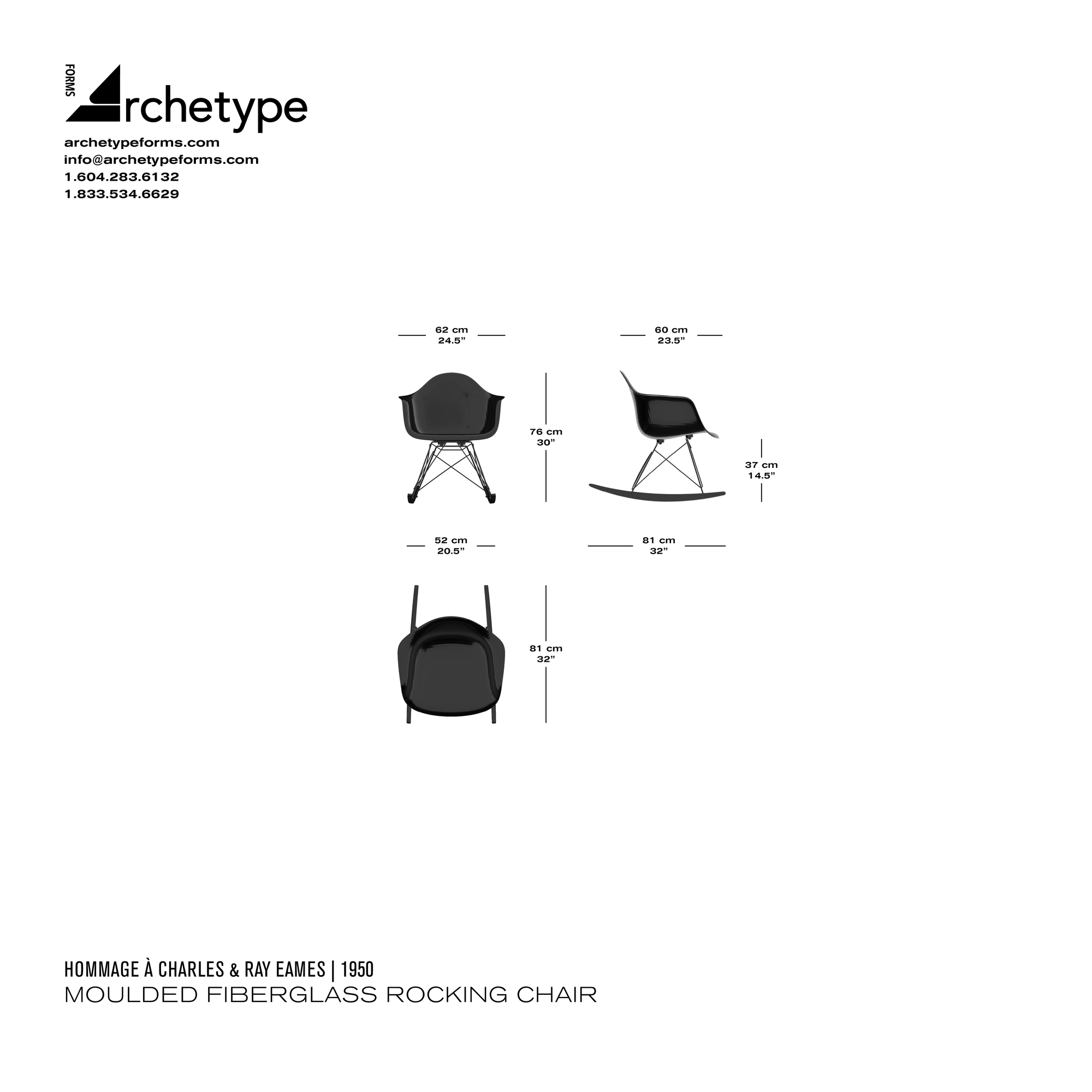 Dimensions diagram in cm and inches of the Archetype Forms Moulded Fiberglass Rocking Chair, a reproduction of the Charles and Ray Eames RAR Molded Fiberglass Rocking Chair, model Rocking Armchair Rod Base by Hommage À Charles & Ray Eames