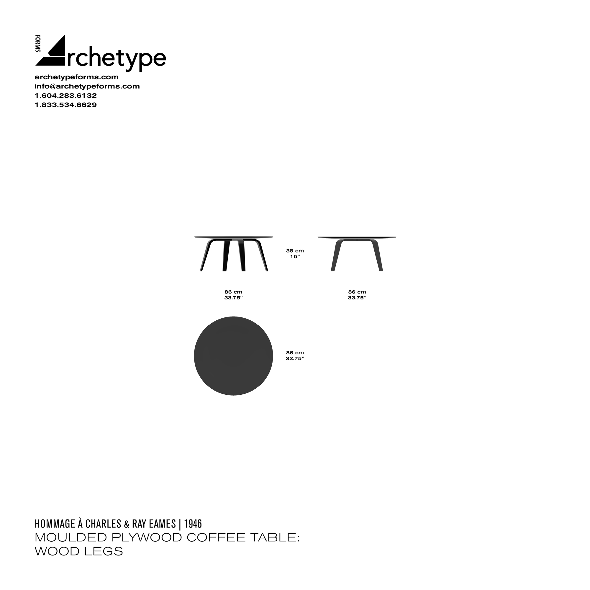 Dimensions diagram in cm and inches of the Archetype Forms Moulded Plywood Coffee Table: Wood Legs, a reproduction of the Charles and Ray Eames Molded Plywood Table CTW Coffee Table, model Coffee Table Wood Base by Hommage À Charles & Ray Eames