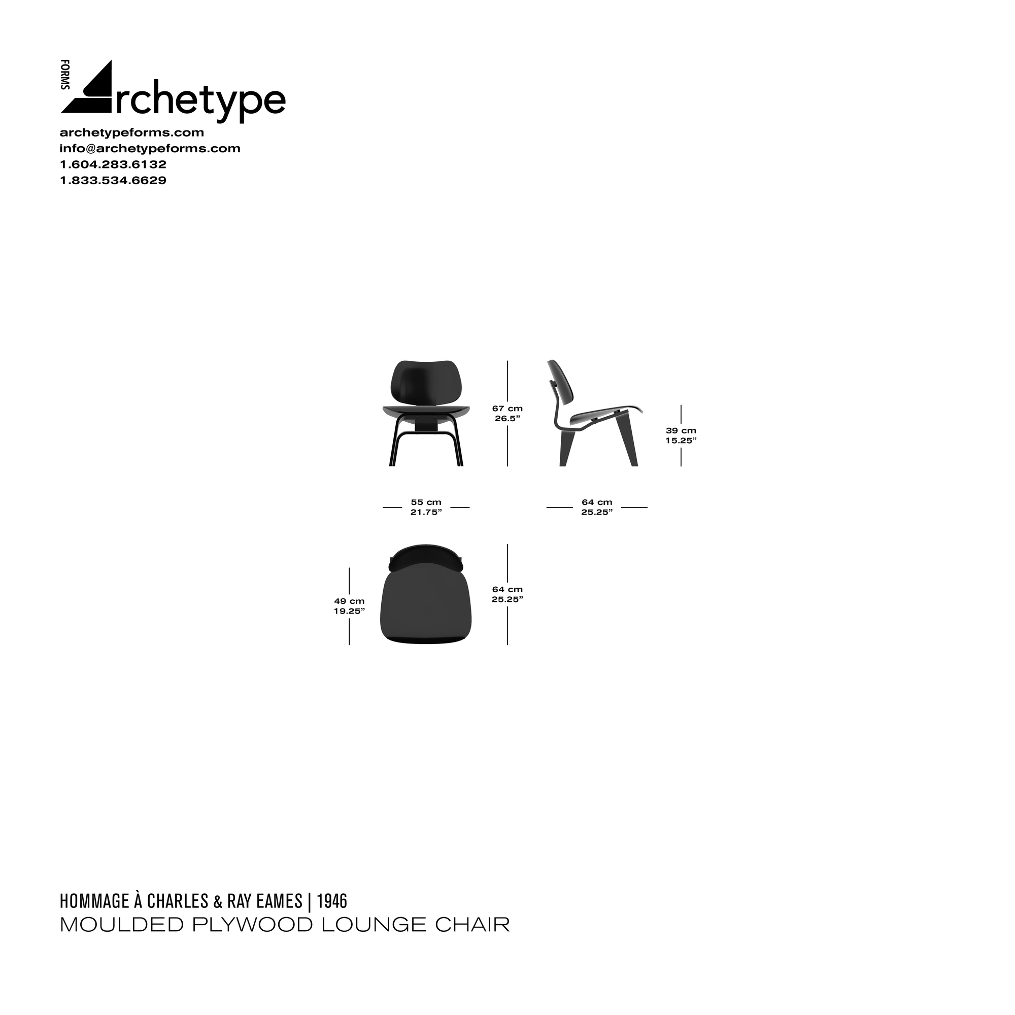 Dimensions diagram in cm and inches of the Archetype Forms Moulded Plywood Lounge Chair, a reproduction of the Charles and Ray Eames LCW Lounge Chair Wood by Hommage À Charles & Ray Eames