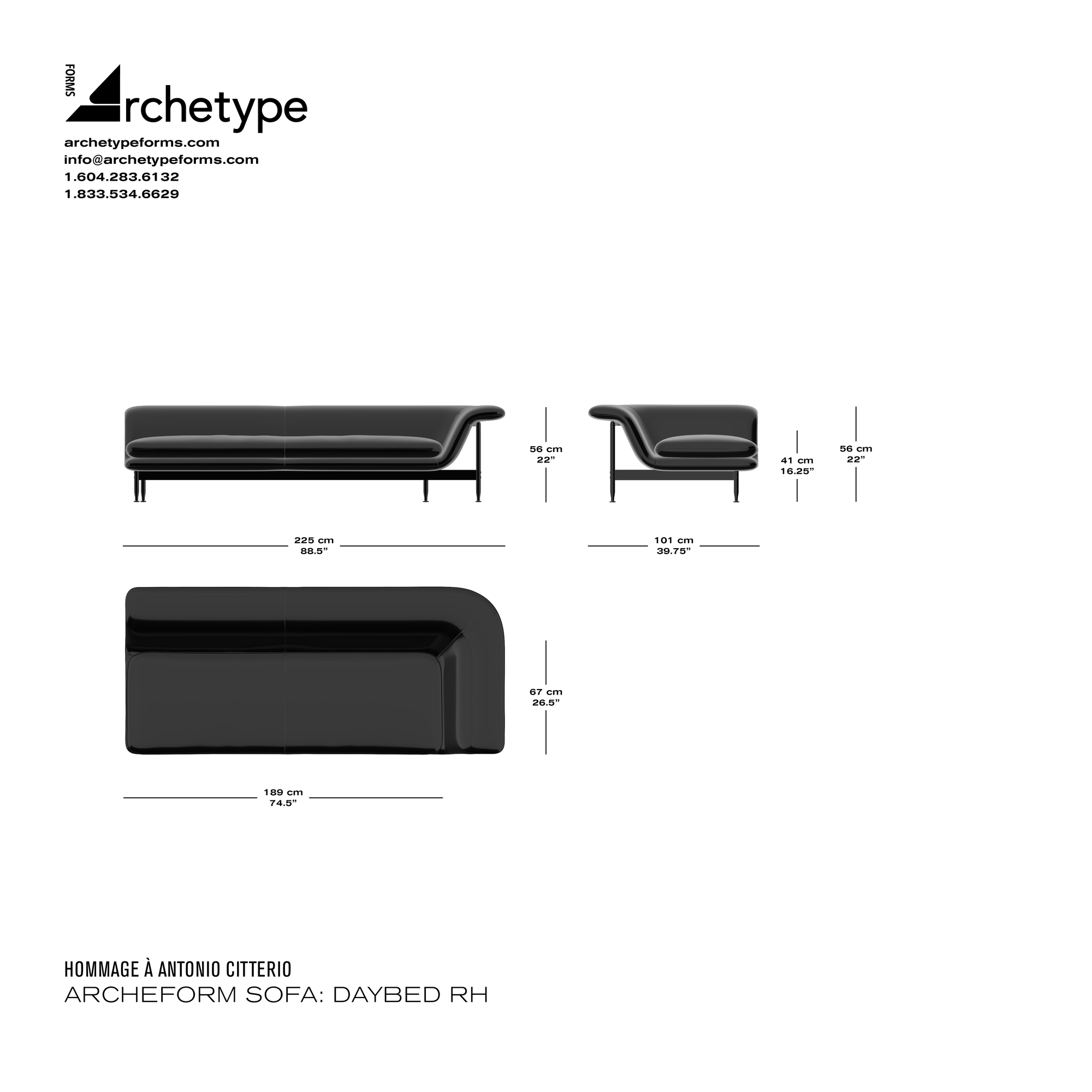 Dimensions diagram in cm and inches of the Archetype Forms ArcheForm Sofa: Daybed, a reproduction of the Antonio Citterio Esosoft Sofa Daybed model 580 B1 01, right-hand version by Hommage À Antonio Citterio