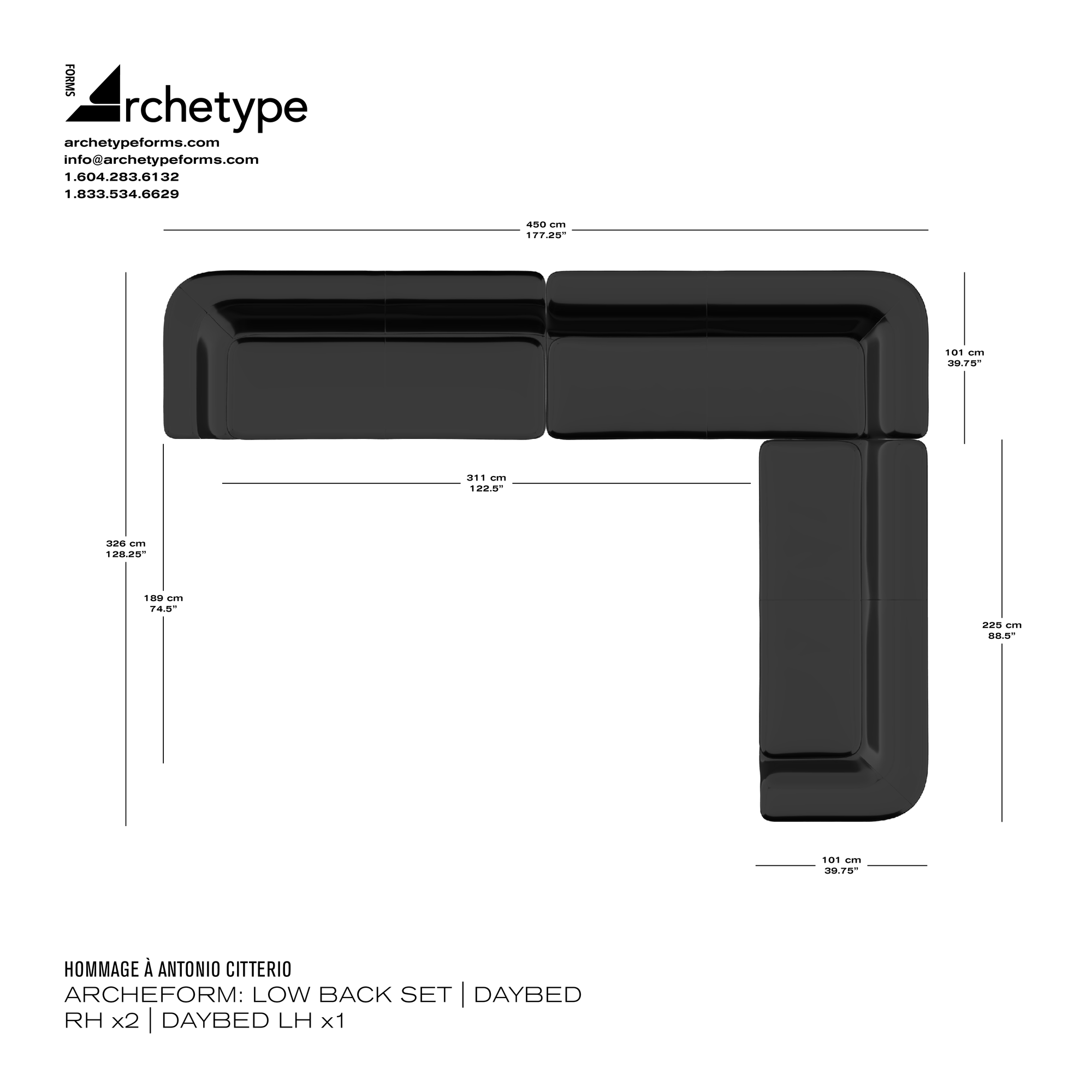 Dimensions diagram in cm and inches of the Archetype Forms ArcheForm Sofa: Low Back Set, a reproduction of the Antonio Citterio Esosoft Sofa models 580 B2 02 & 580 B1 01 (x2), L-shaped layout with the return on the right by Hommage À Antonio Citterio