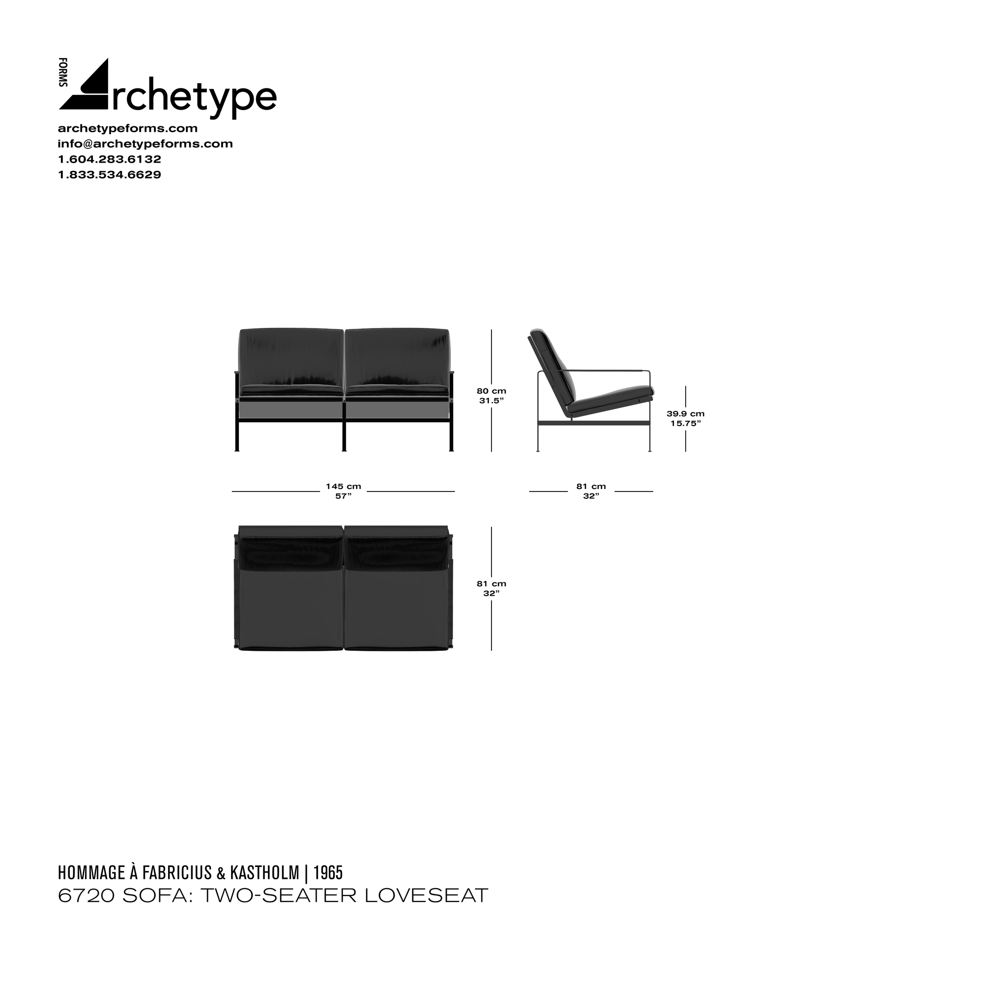 Dimensions diagram in cm and inches of the Archetype Forms 6720 Sofa: Two-Seater Loveseat, a reproduction of the Fabricius & Kastholm FK 6720 Sofa 2-Seater Loveseat, model FK 6720-2 by Hommage À Fabricius & Kastholm