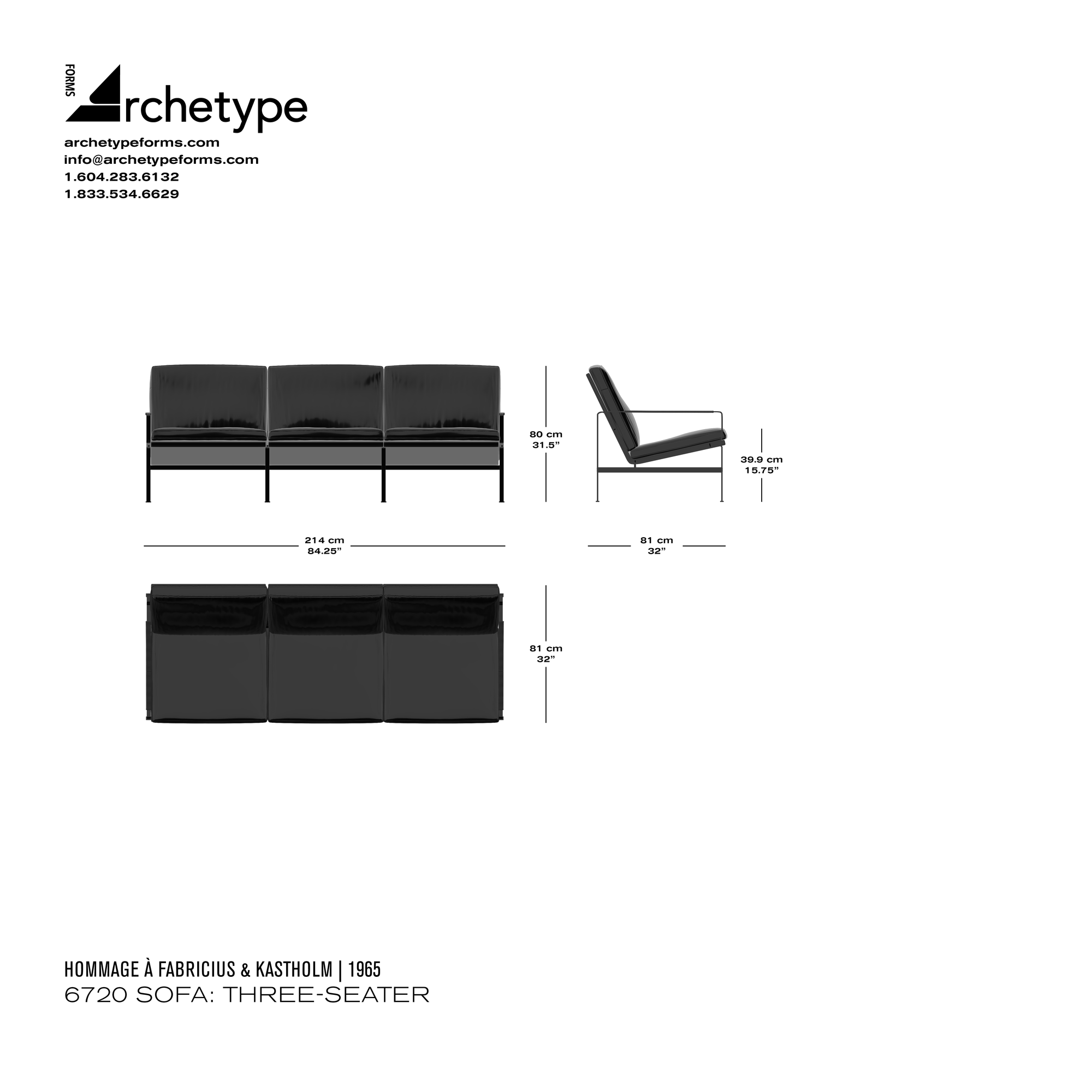 Dimensions diagram in cm and inches of the Archetype Forms 6720 Sofa: Three-Seater, a reproduction of the Fabricius & Kastholm FK 6720 Sofa 3-Seater, model FK 6720-3 by Hommage À Fabricius & Kastholm