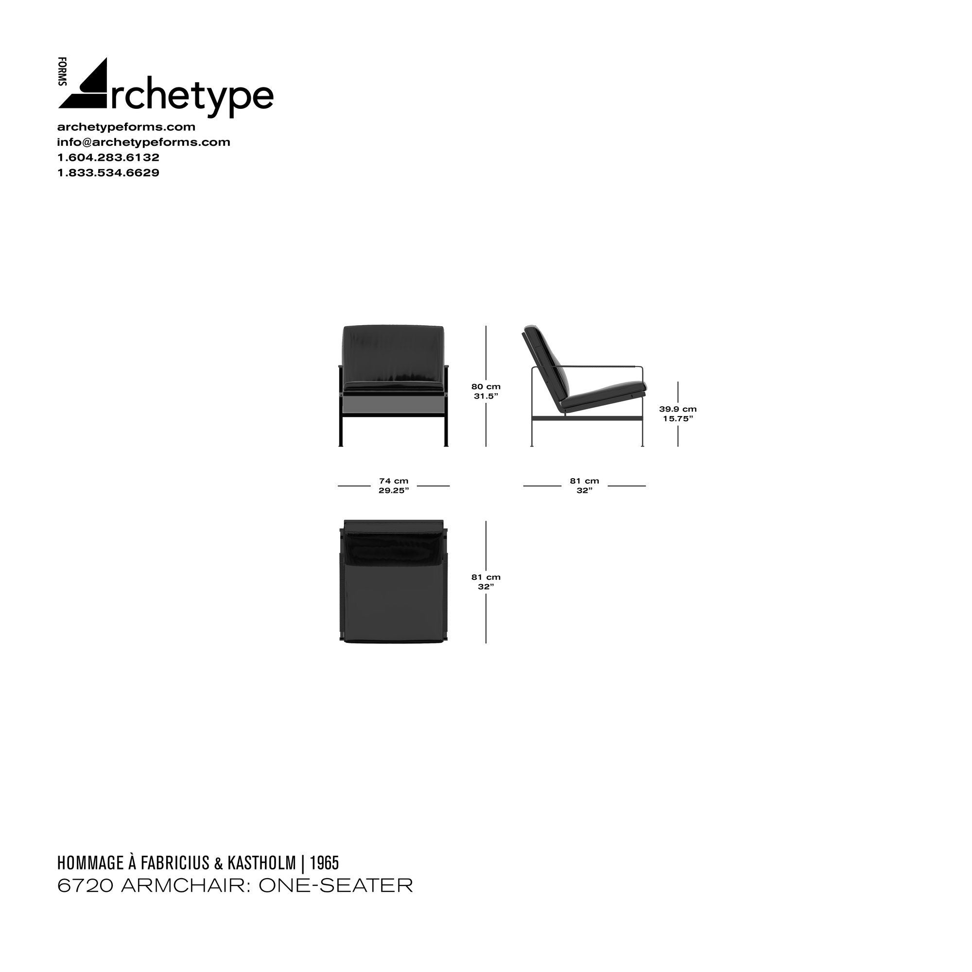Dimensions diagram in cm and inches of the Archetype Forms 6720 Armchair: One-Seater, a reproduction of the Fabricius & Kastholm FK 6720 Easy Chair, model FK 6720-1 by Hommage À Fabricius & Kastholm