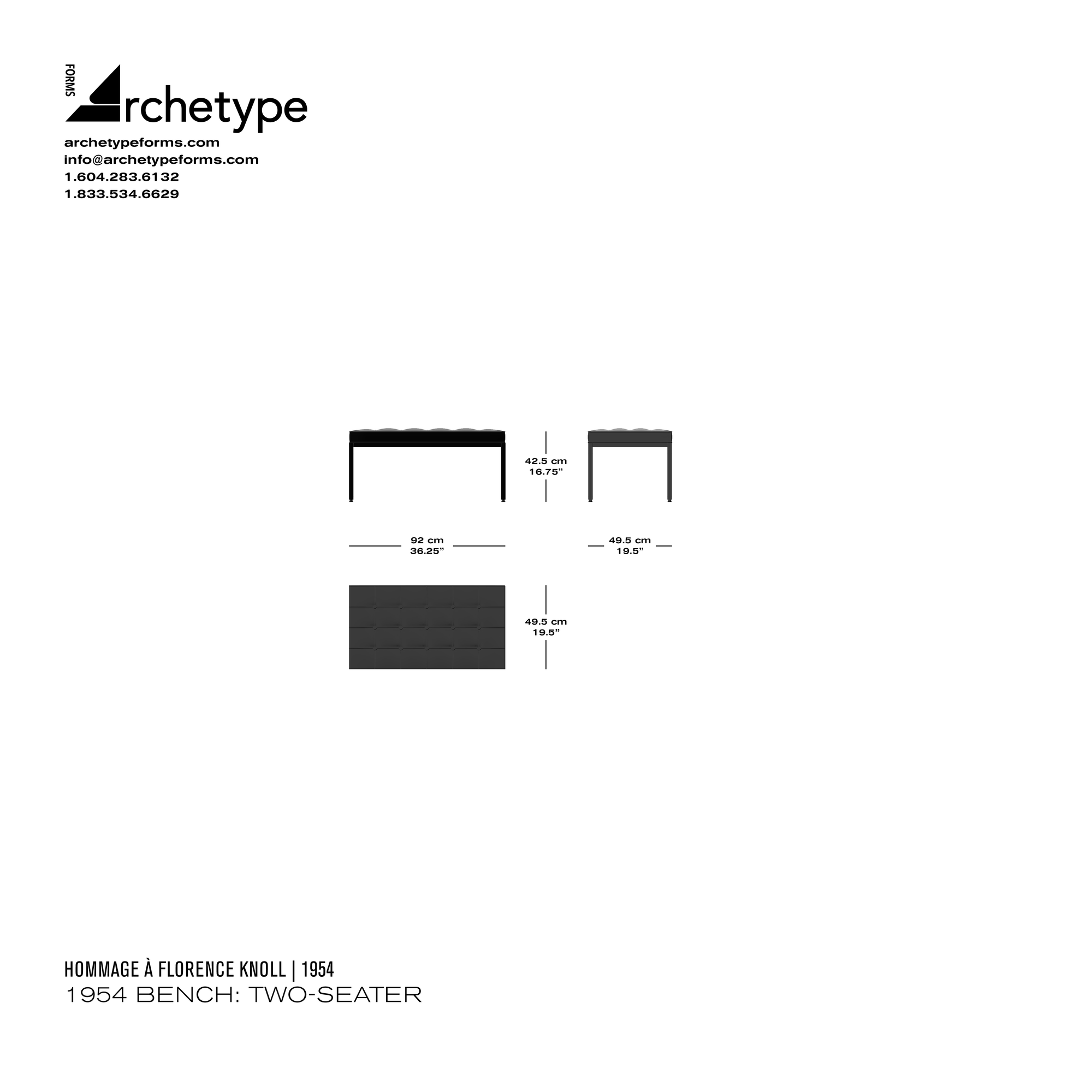Dimensions diagram in cm and inches of the Archetype Forms 1954 Bench: Two-Seater, a reproduction of the Florence Knoll 2-Seat Bench, Model 2530Y2C Bench, Two-Seater by Hommage À Florence Knoll