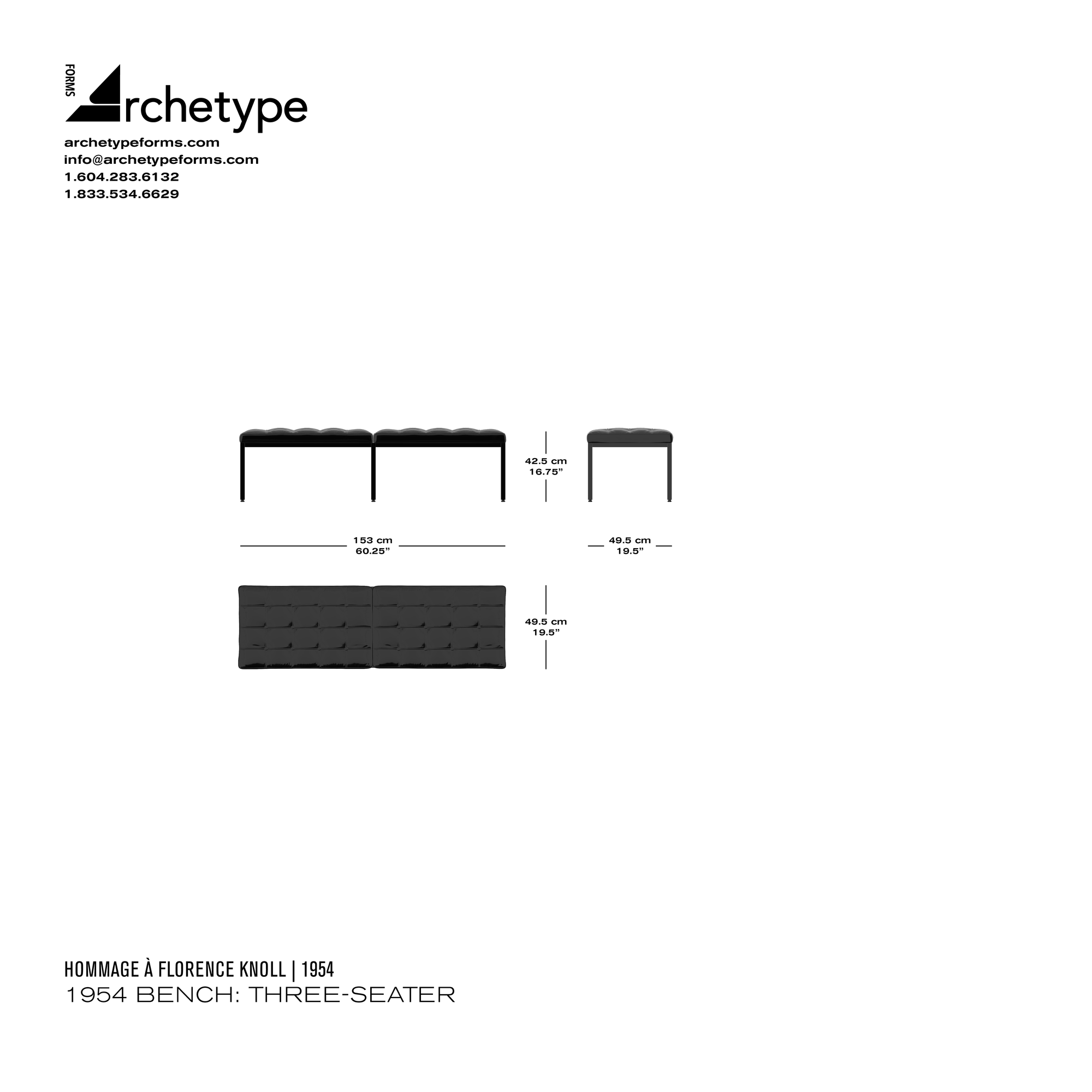 Dimensions diagram in cm and inches of the Archetype Forms 1954 Bench: Three-Seater, a reproduction of the Florence Knoll 3-Seat Bench, Model 2530Y3C Bench, Three-Seater by Hommage À Florence Knoll