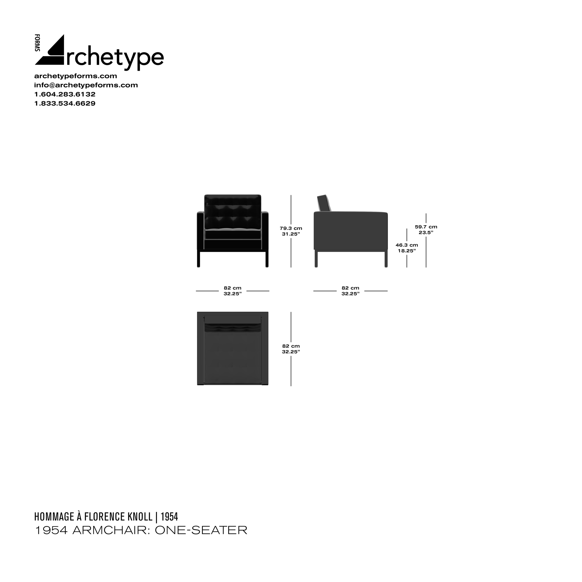 Dimensions diagram in cm and inches of the Archetype Forms 1954 Armchair: One-Seater, a reproduction of the Florence Knoll Lounge Chair, Model 1205S1 Armchair by Hommage À Florence Knoll