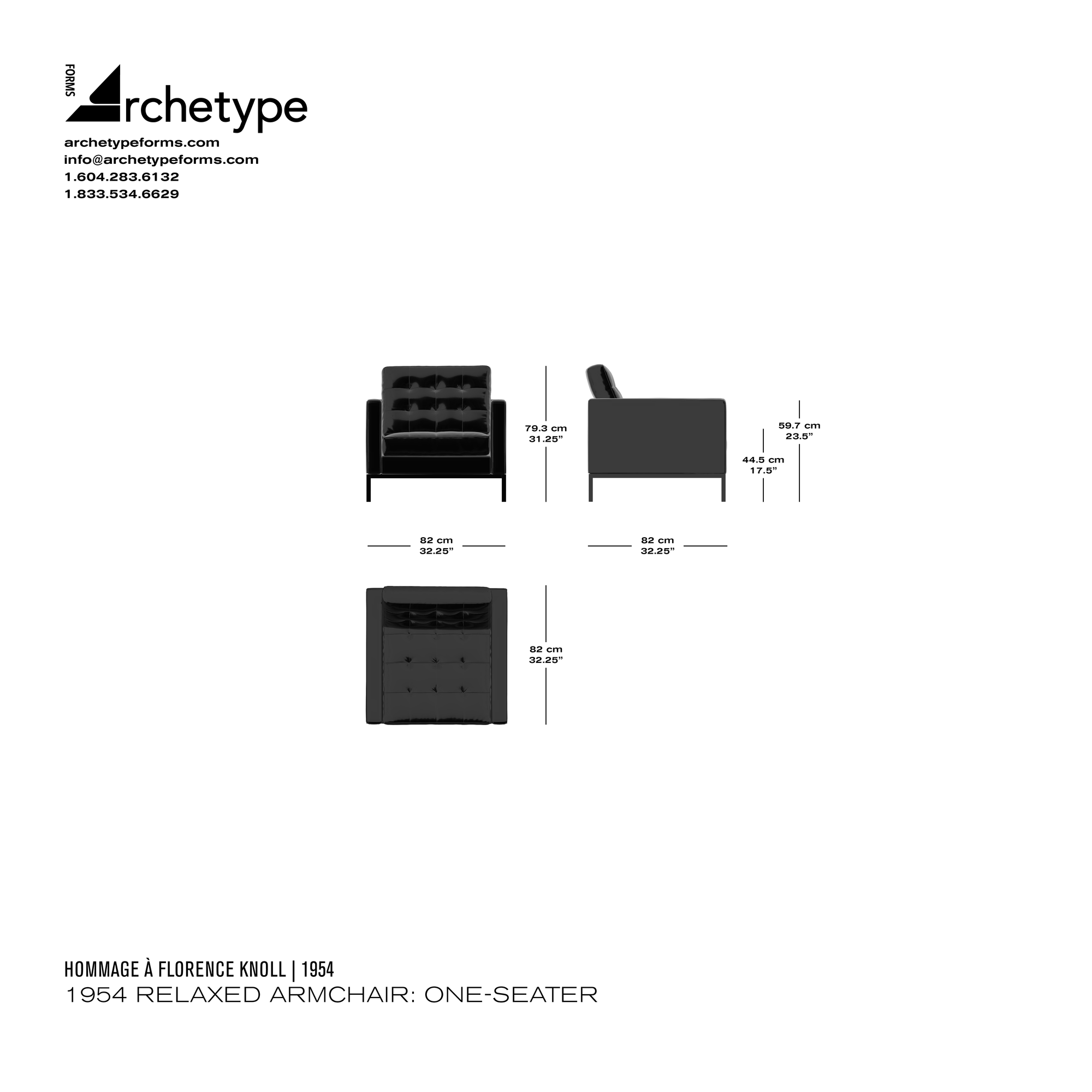 Dimensions diagram in cm and inches of the Archetype Forms 1954 Relaxed Armchair: One-Seater, a reproduction of the Florence Knoll Relaxed Lounge Chair Model 1206S1 by Hommage À Florence Knoll