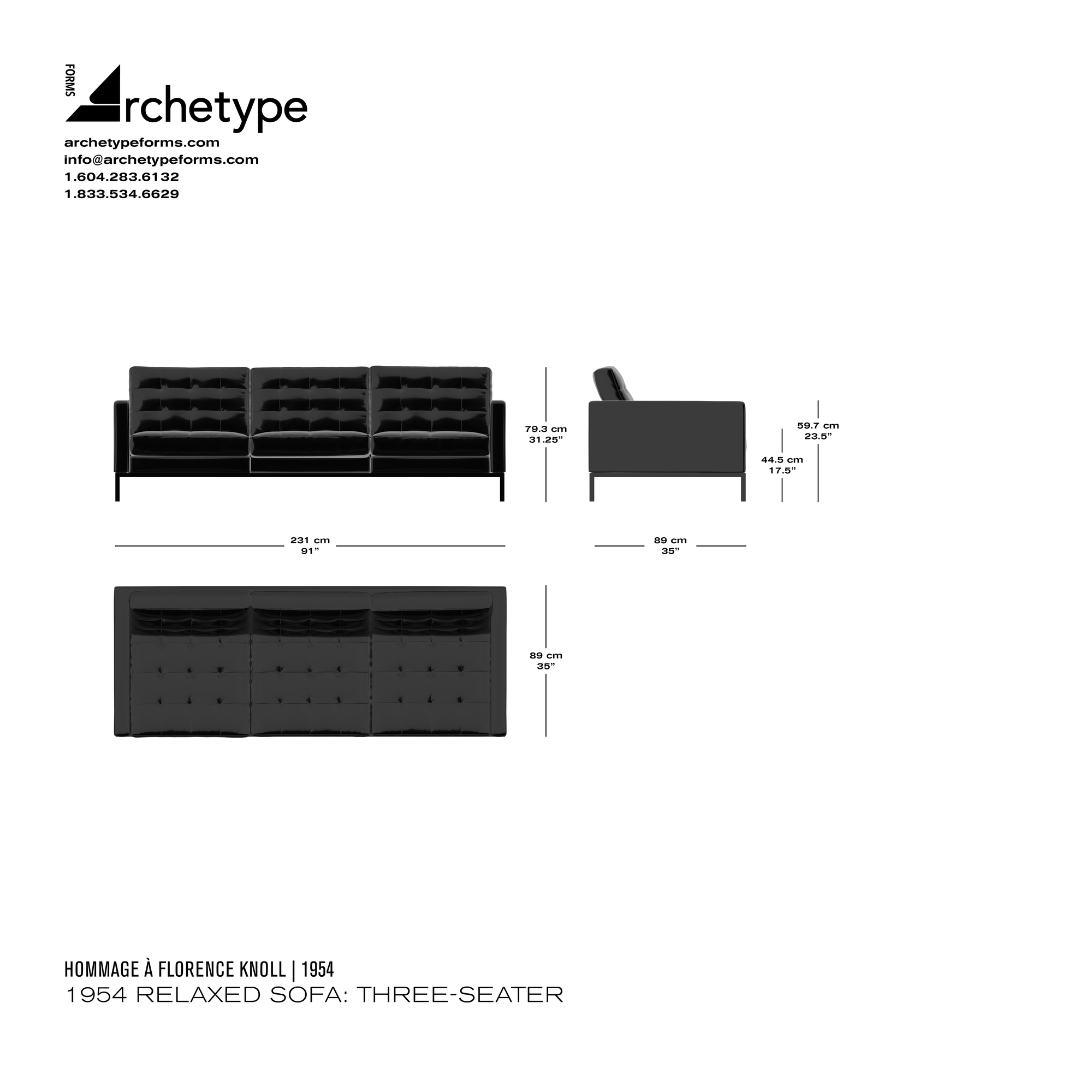 Dimensions diagram in cm and inches of the Archetype Forms 1954 Relaxed Sofa: Three-Seater, a reproduction of the Florence Knoll Relaxed 3-Seater Sofa, Model 1206S3 Sofa by Hommage À Florence Knoll
