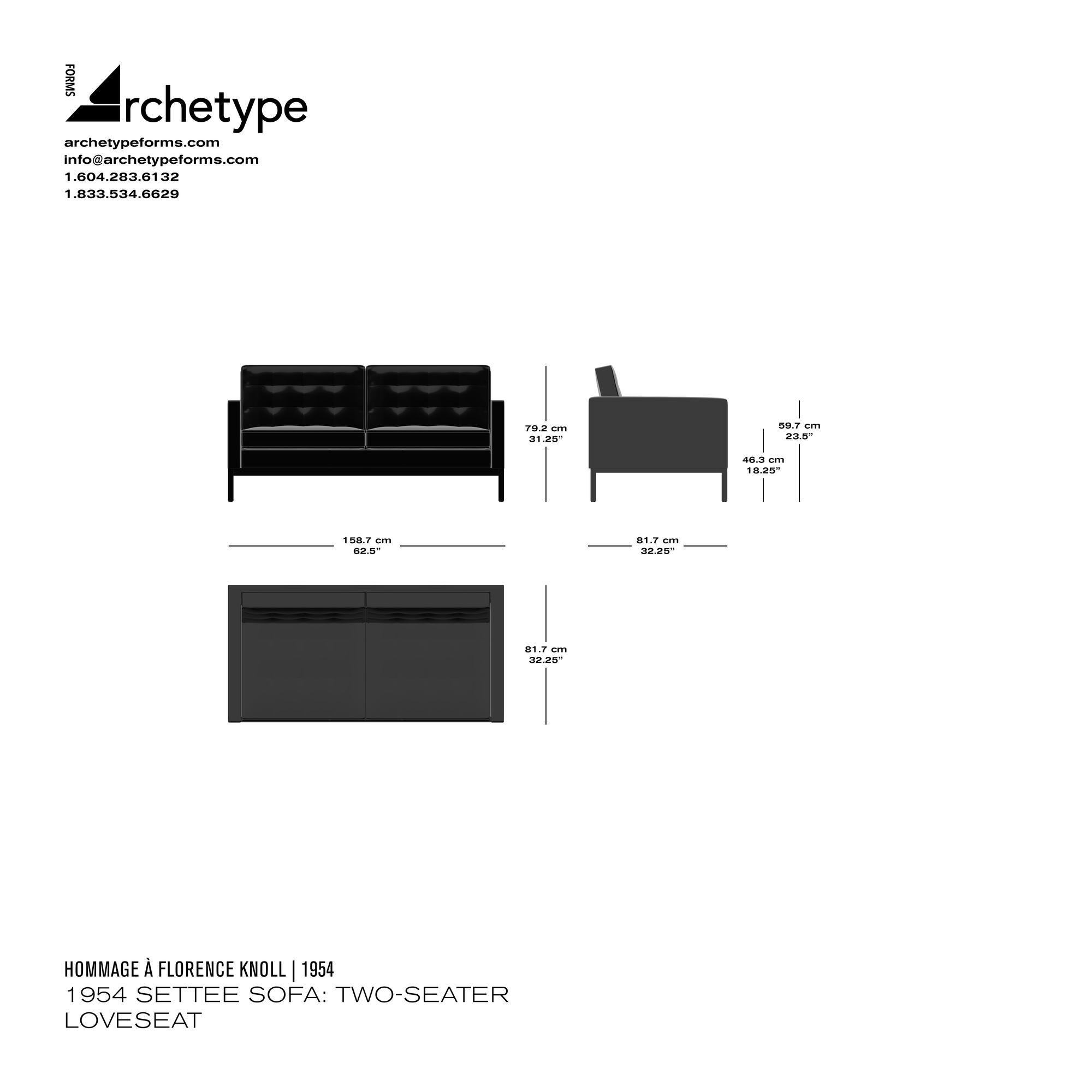 Dimensions diagram in cm and inches of the Archetype Forms 1954 Settee Sofa: Two-Seater Loveseat, a reproduction of the Florence Knoll 2-Seater Settee Sofa, Model 1205S2 Sofa by Hommage À Florence Knoll