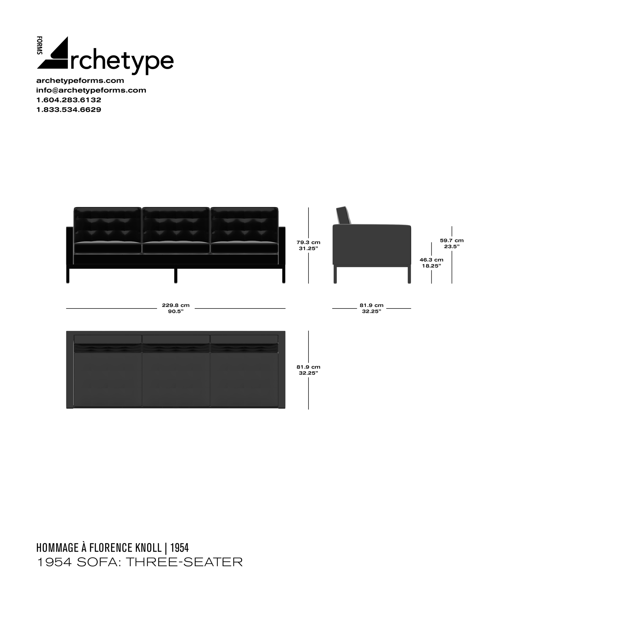 Dimensions diagram in cm and inches of the Archetype Forms 1954 Sofa: Three-Seater, a reproduction of the Florence Knoll 3-Seater Sofa, Model 1205S3 Sofa by Hommage À Florence Knoll