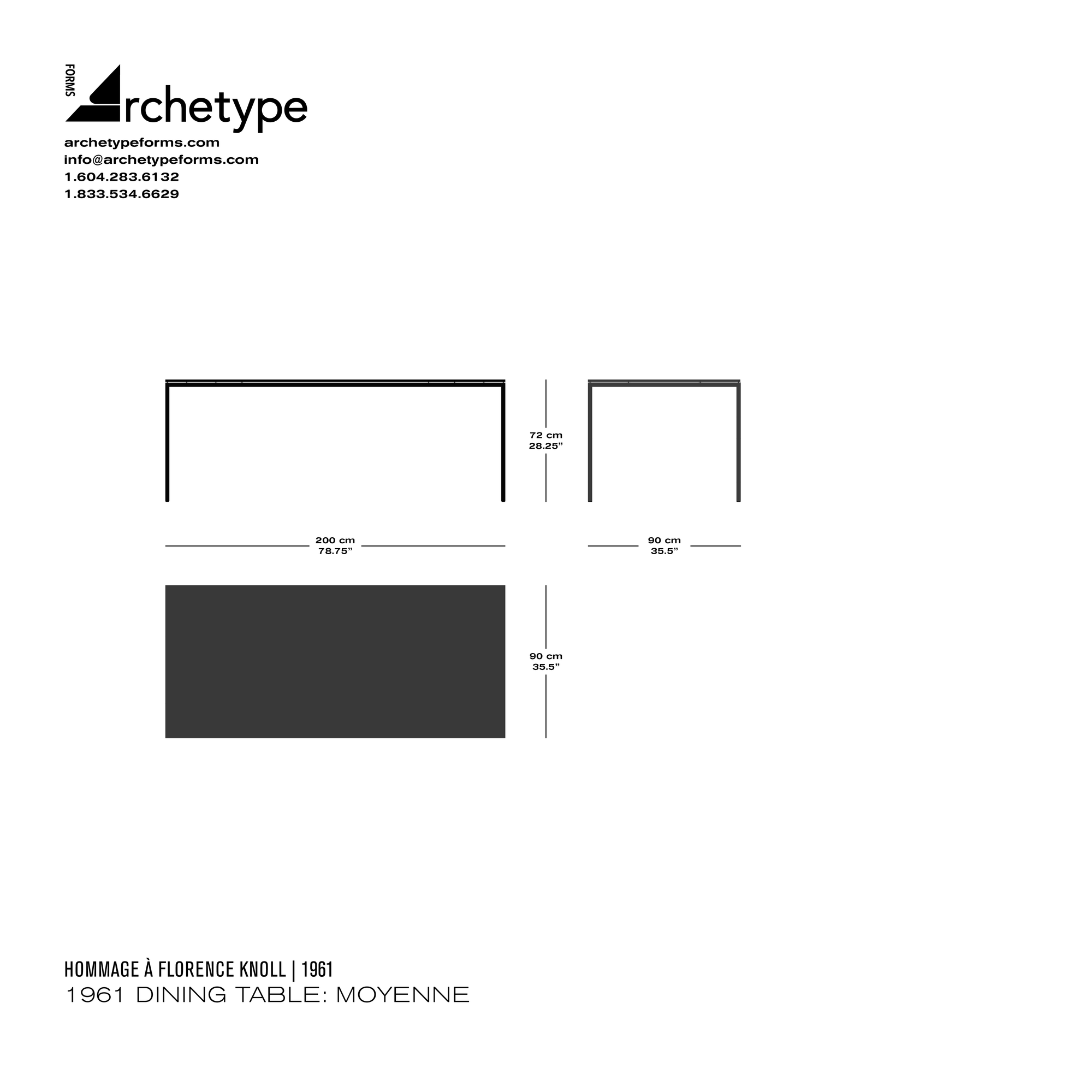 Dimensions diagram in cm and inches of the Archetype Forms 1961 Dining Table: Moyenne, a reproduction of the Florence Knoll Dining Table Model 2523T, also known as 2523T Dining Table - Rectangular 78" x 35" by Hommage À Florence Knoll