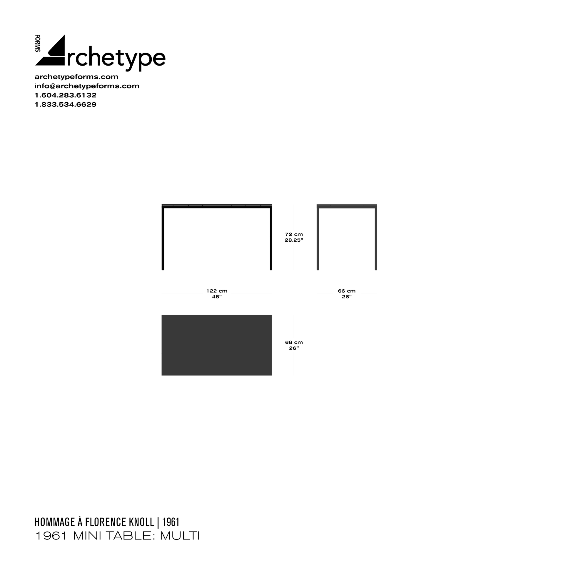 Dimensions diagram in cm and inches of the Archetype Forms 1961 Mini Table: Multi, a reproduction of the Florence Knoll Mini Desk Model 2521T, also known as 2521T Rectangular Dining Table - 48" x 26" by Hommage À Florence Knoll