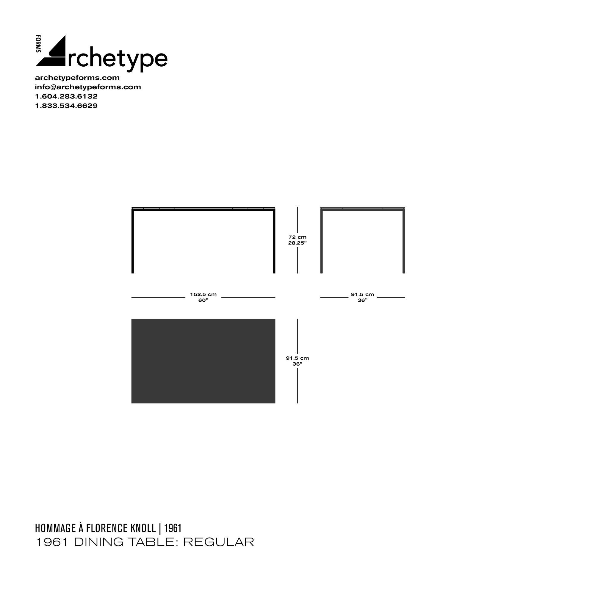Dimensions diagram in cm and inches of the Archetype Forms 1961 Dining Table: Regular, a reproduction of the Florence Knoll Dining Table Model 2522T, also known as 2522T Dining Table - Rectangular 60" x 36" by Hommage À Florence Knoll