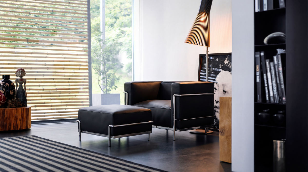 Le Corbusier LC3 down feather Armchair reproduction with a LC2 | LC3 Ottoman in a modern sitting room - USA Hero Image