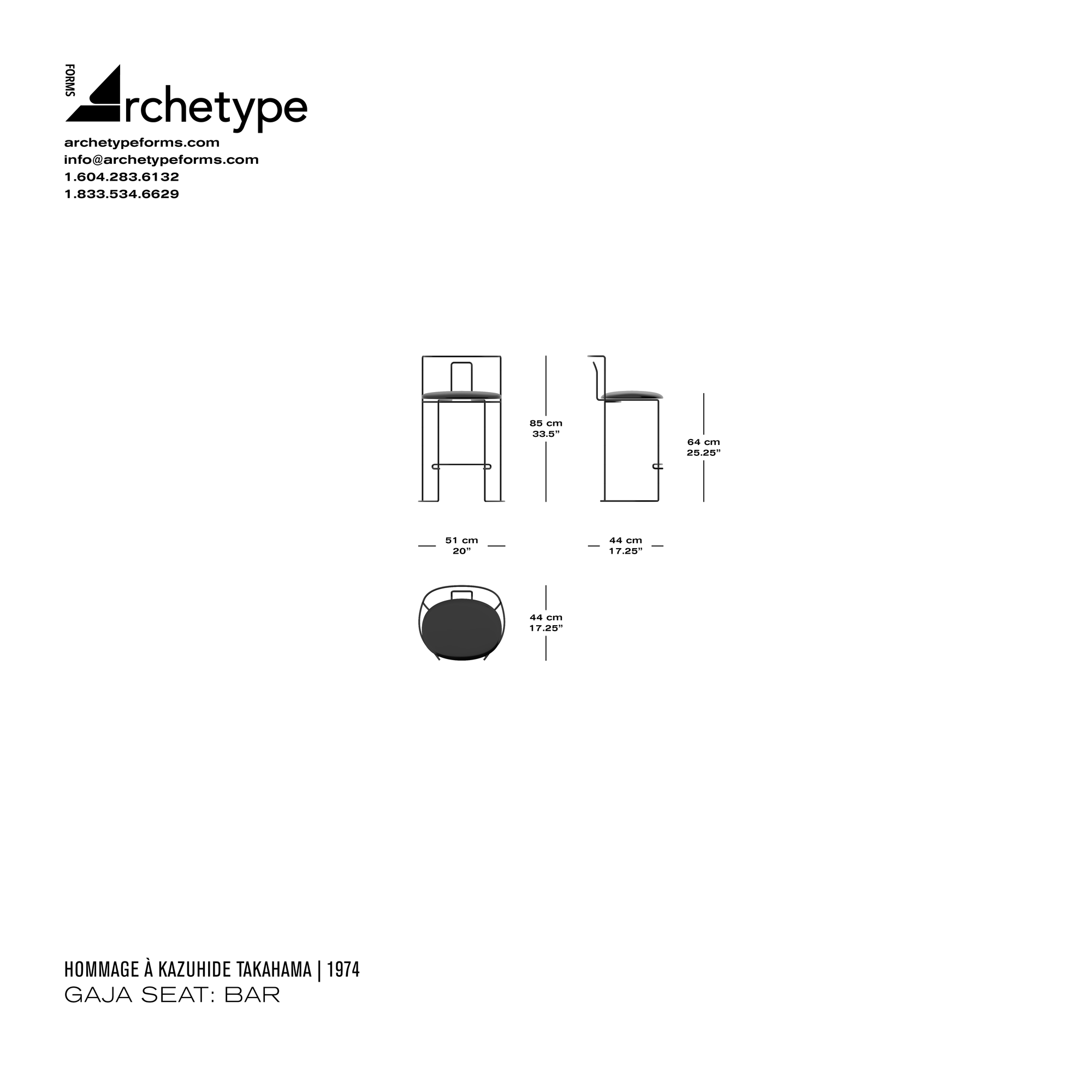 Dimensions diagram in cm and inches of the Archetype Forms Gaja Seat: Bar, a reproduction of the Kazuhide Takahama Gaja Bar Stool model W58 11 by Hommage À Kazuhide Takahama