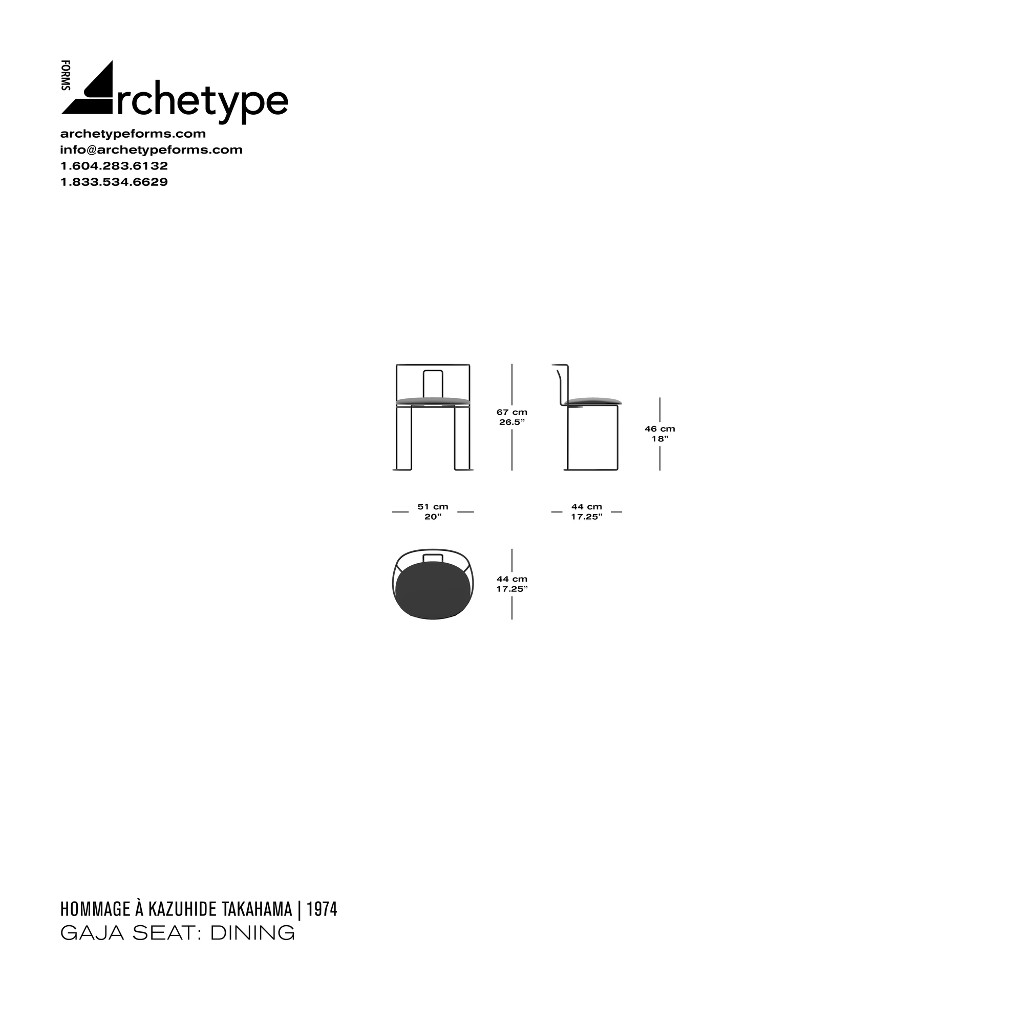 Dimensions diagram in cm and inches of the Archetype Forms Gaja Seat: Dining, a reproduction of the Kazuhide Takahama Gaja Dining Chair model W58 01 by Hommage À Kazuhide Takahama