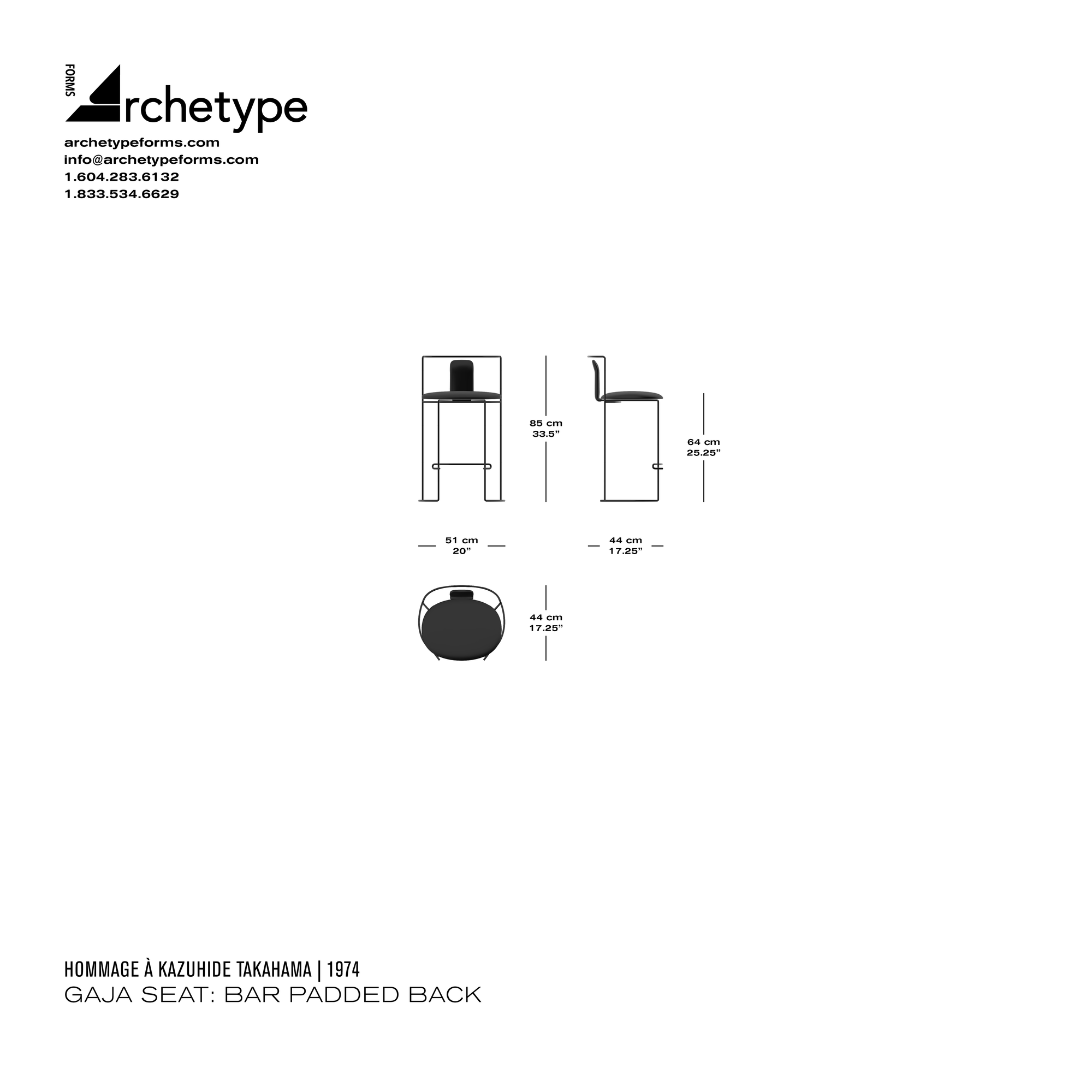 Dimensions diagram in cm and inches of the Archetype Forms Gaja Seat: Bar Padded Back, a reproduction of the Kazuhide Takahama Gaja Bar Stool model W58 12 by Hommage À Kazuhide Takahama