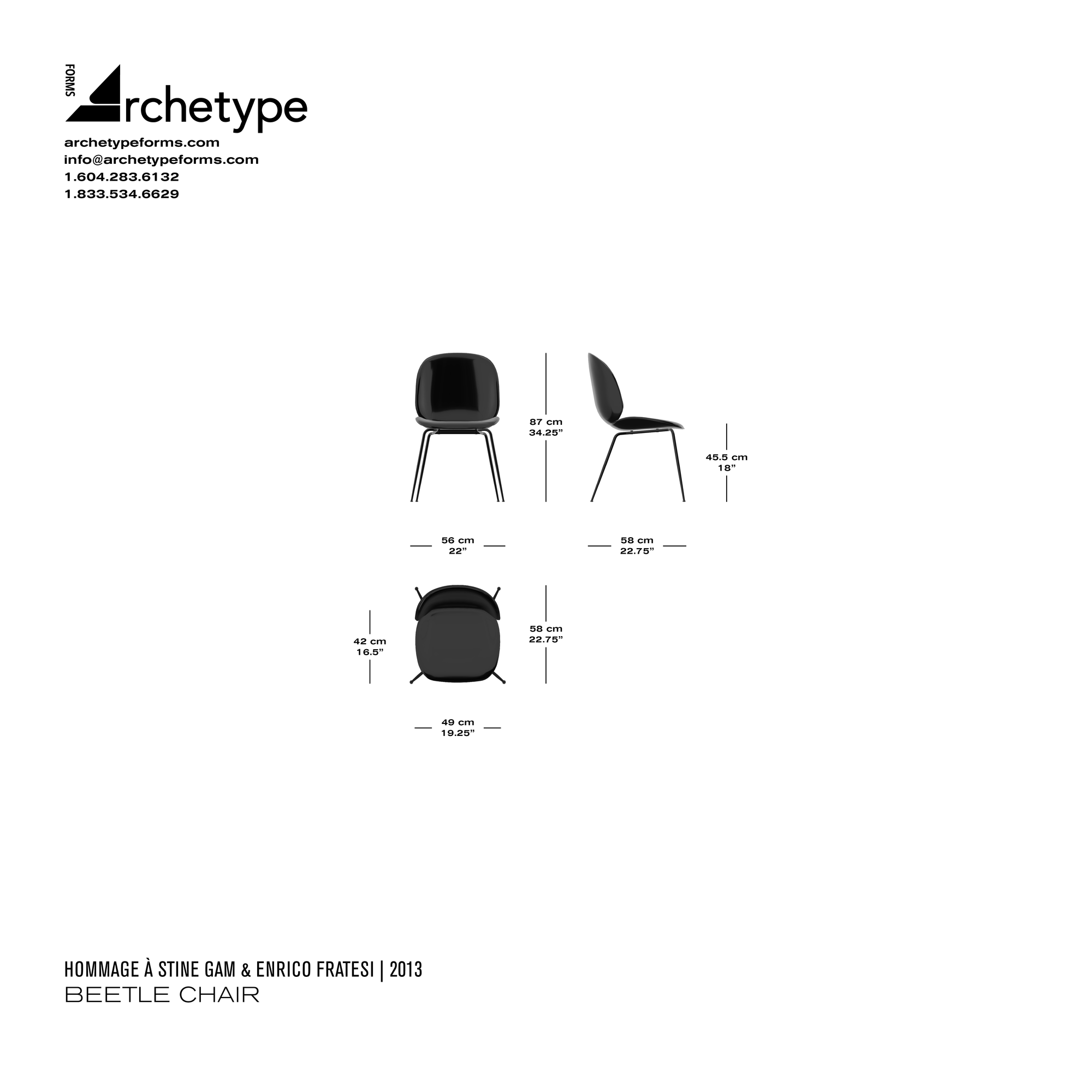 Dimensions diagram in cm and inches of the Archetype Forms Beetle Chair, a reproduction of the GamFratesi Beetle Chair for GUBI by Hommage À GamFratesi