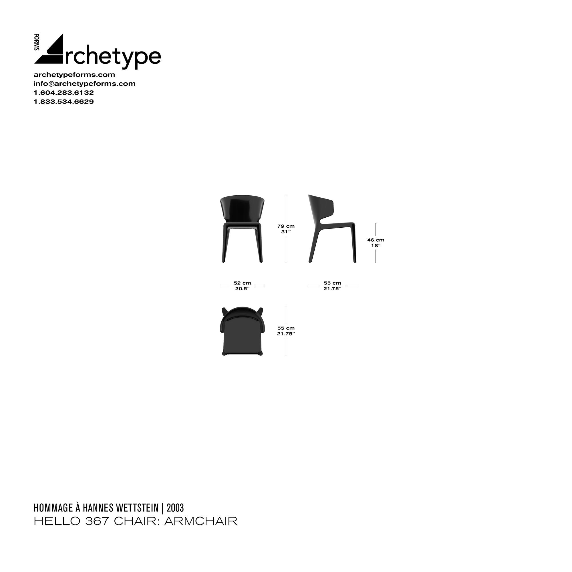 Dimensions diagram in cm and inches of the Archetype Forms Hello 367 Chair: Armchair, a reproduction of the Hannes Wettstein Hola 367 Armchair by Hommage À Hannes Wettstein