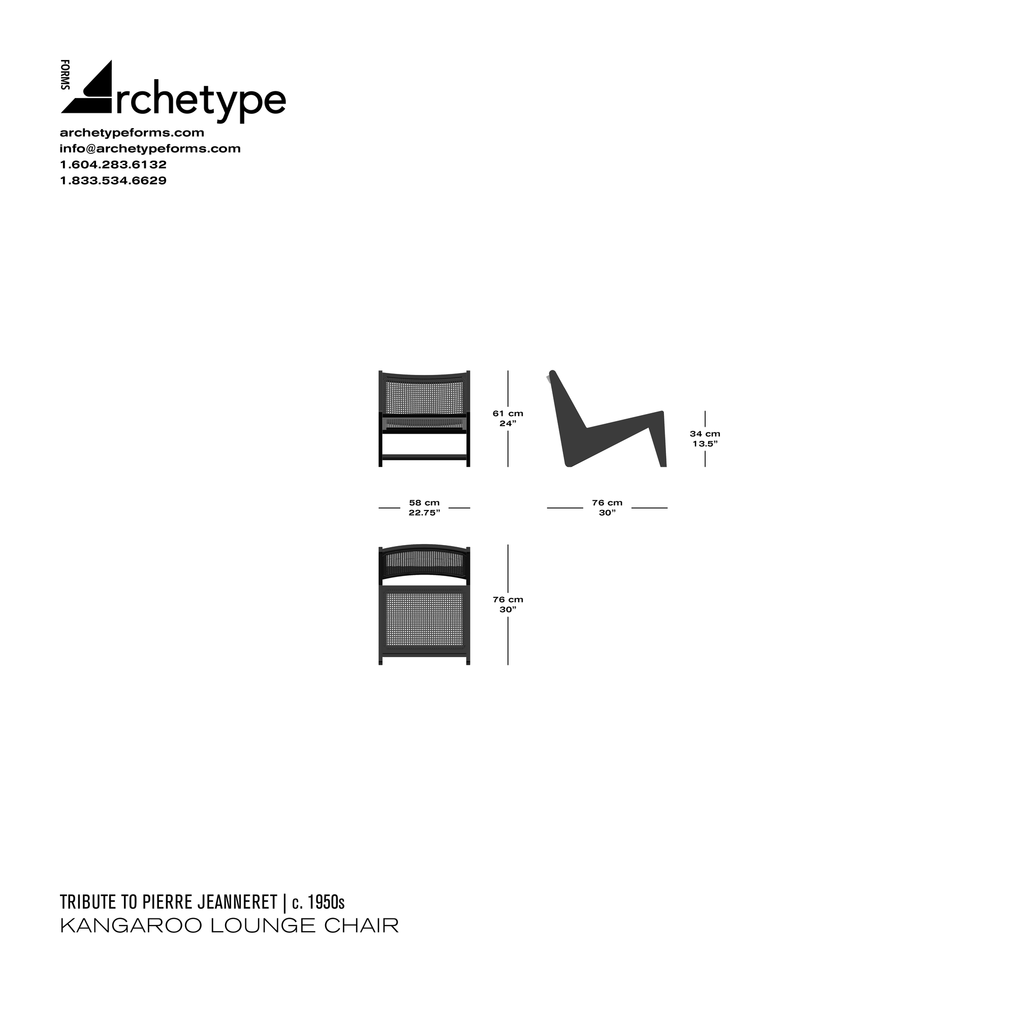 Dimensions diagram in cm and inches of the Archetype Forms Kangaroo Lounge Chair, a reproduction of the Pierre Jeanneret Kangaroo Armchair, also known as the 058 Kangaroo Armchair by Tribute To Pierre Jeanneret