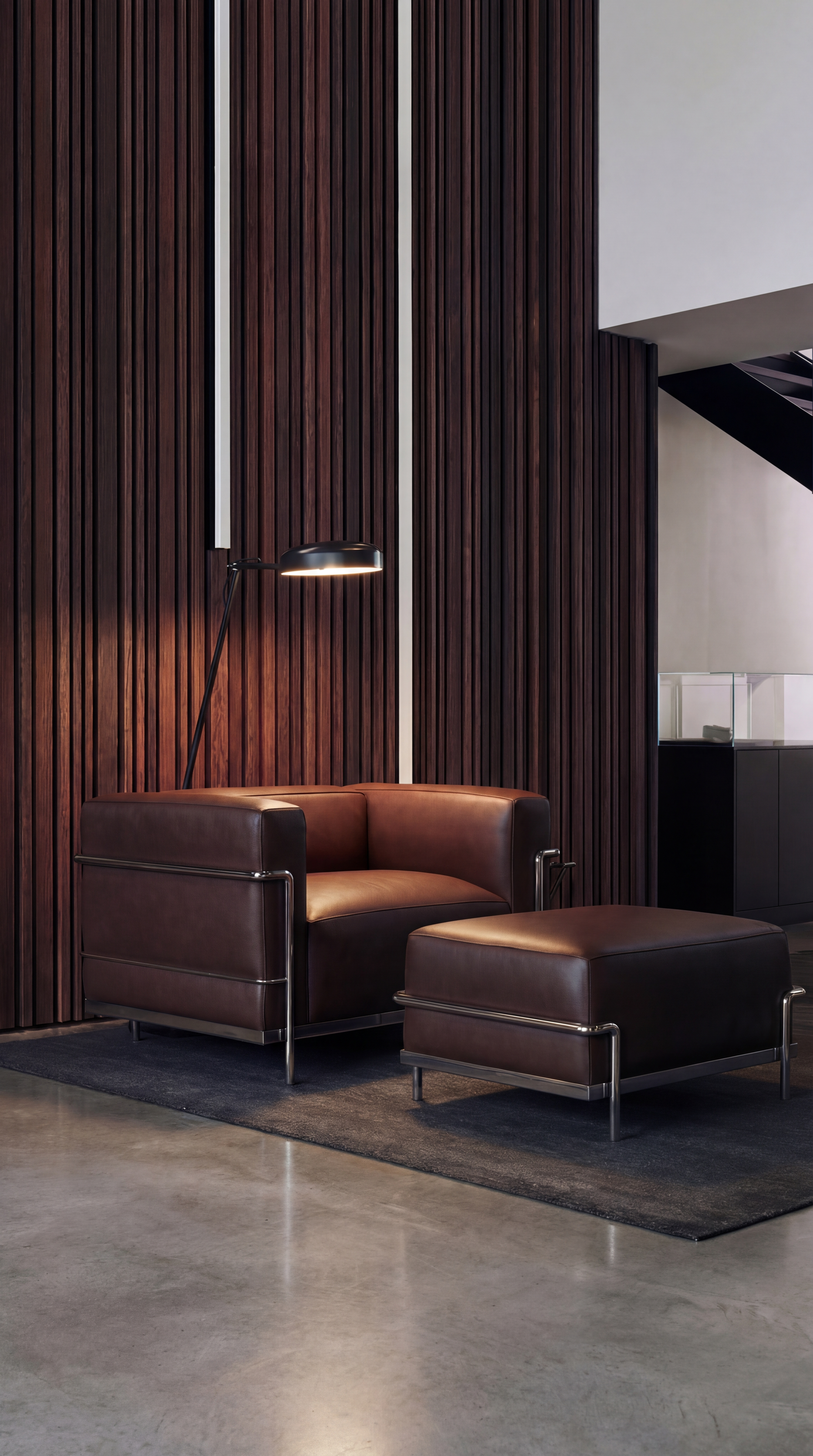 LC2 | LC3 Ottoman Reproduction in the USA in a modern sitting room - Mobile Hero Image