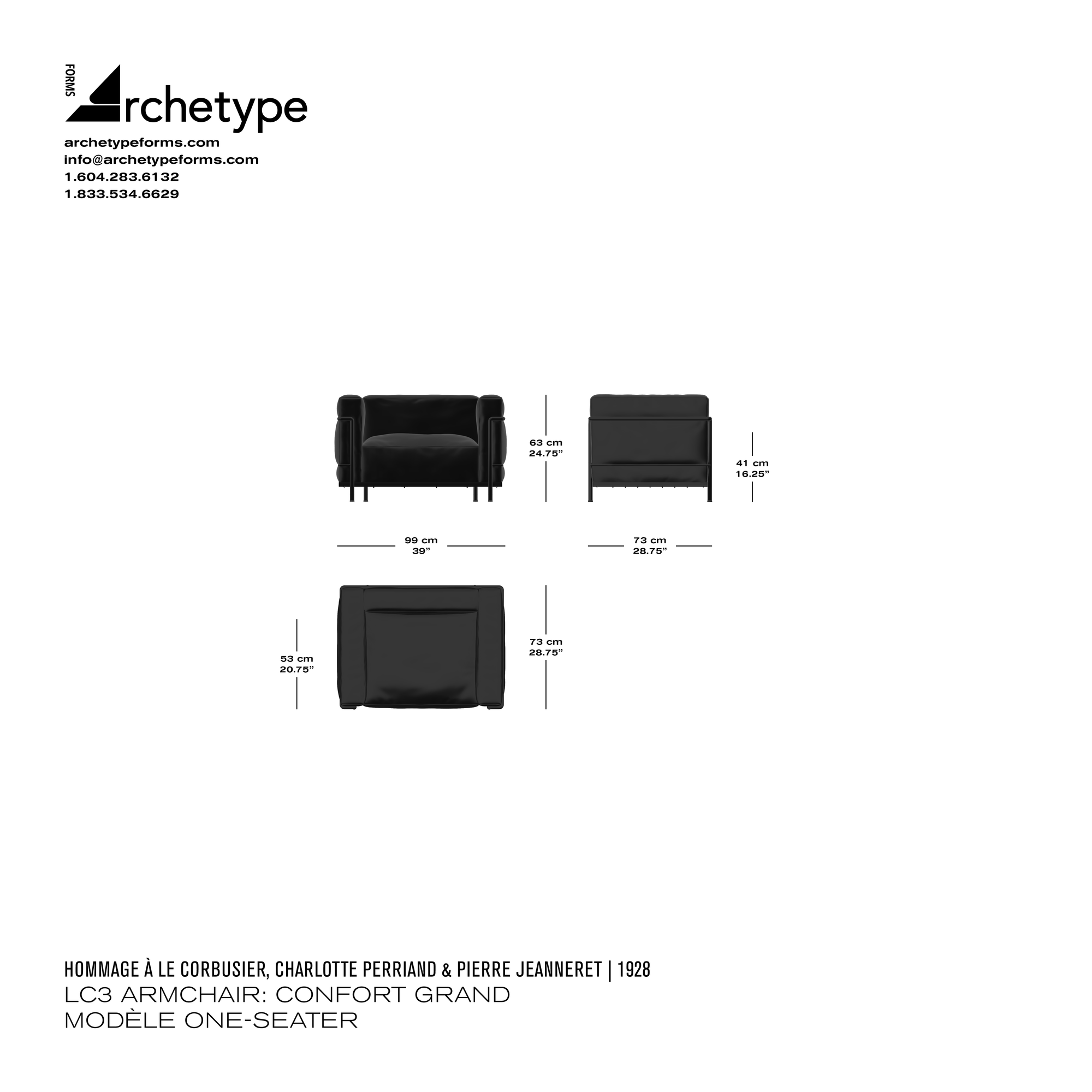 Dimensions diagram in cm and inches of the Archetype Forms LC3 Confort Grand Modèle Armchair & Ottoman, a reproduction of the Le Corbusier, Charlotte Perriand, and Pierre Jeanneret LC3 Fauteuil Grand Confort, Grand Modèle Armchair & 2 Ottomane by Hommage À Le Corbusier