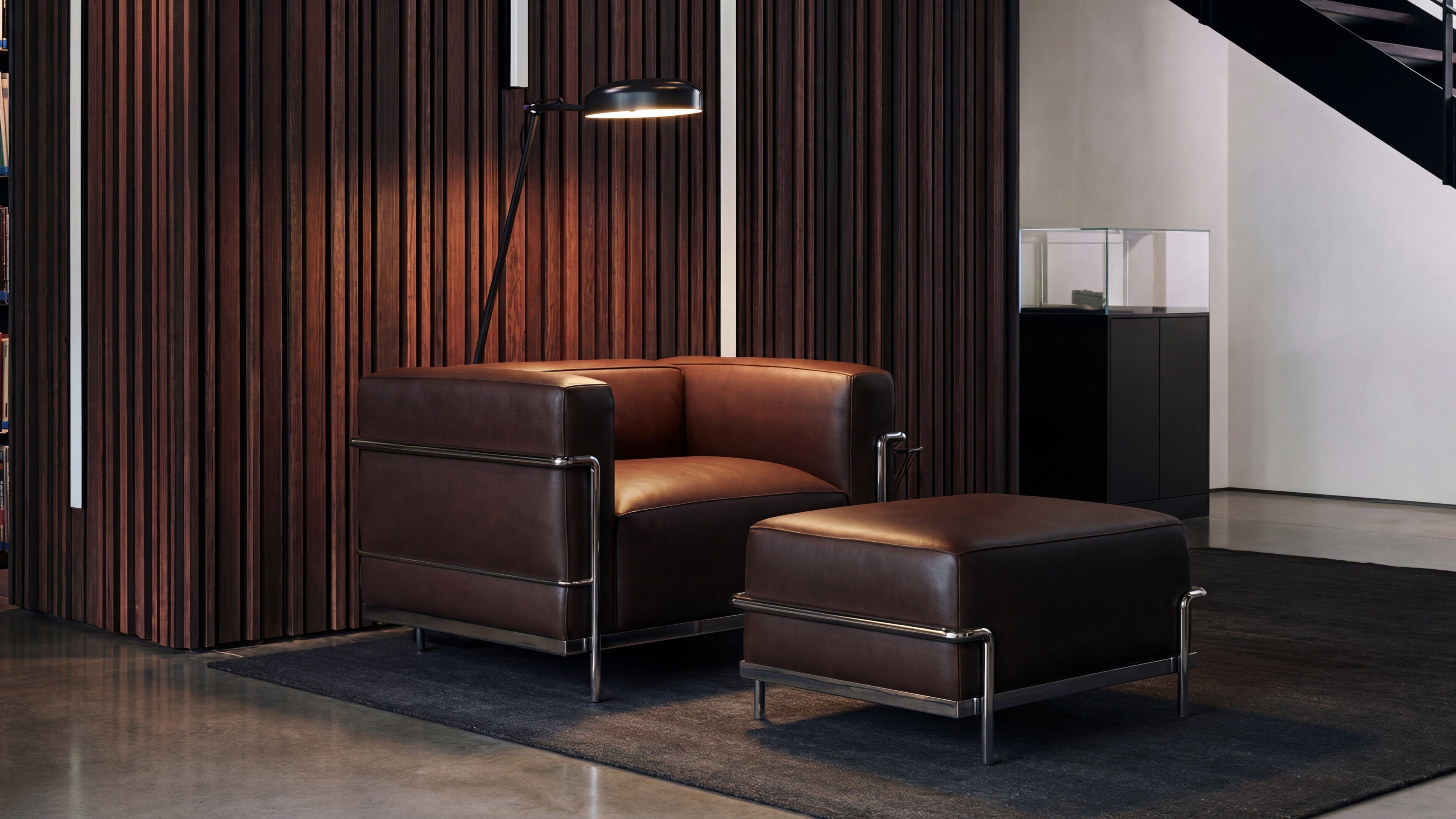 LC3 Armchair & Ottoman Le Corbusier Reproduction in the USA in a modern sitting room - Desktop Hero Image by Archetype Forms