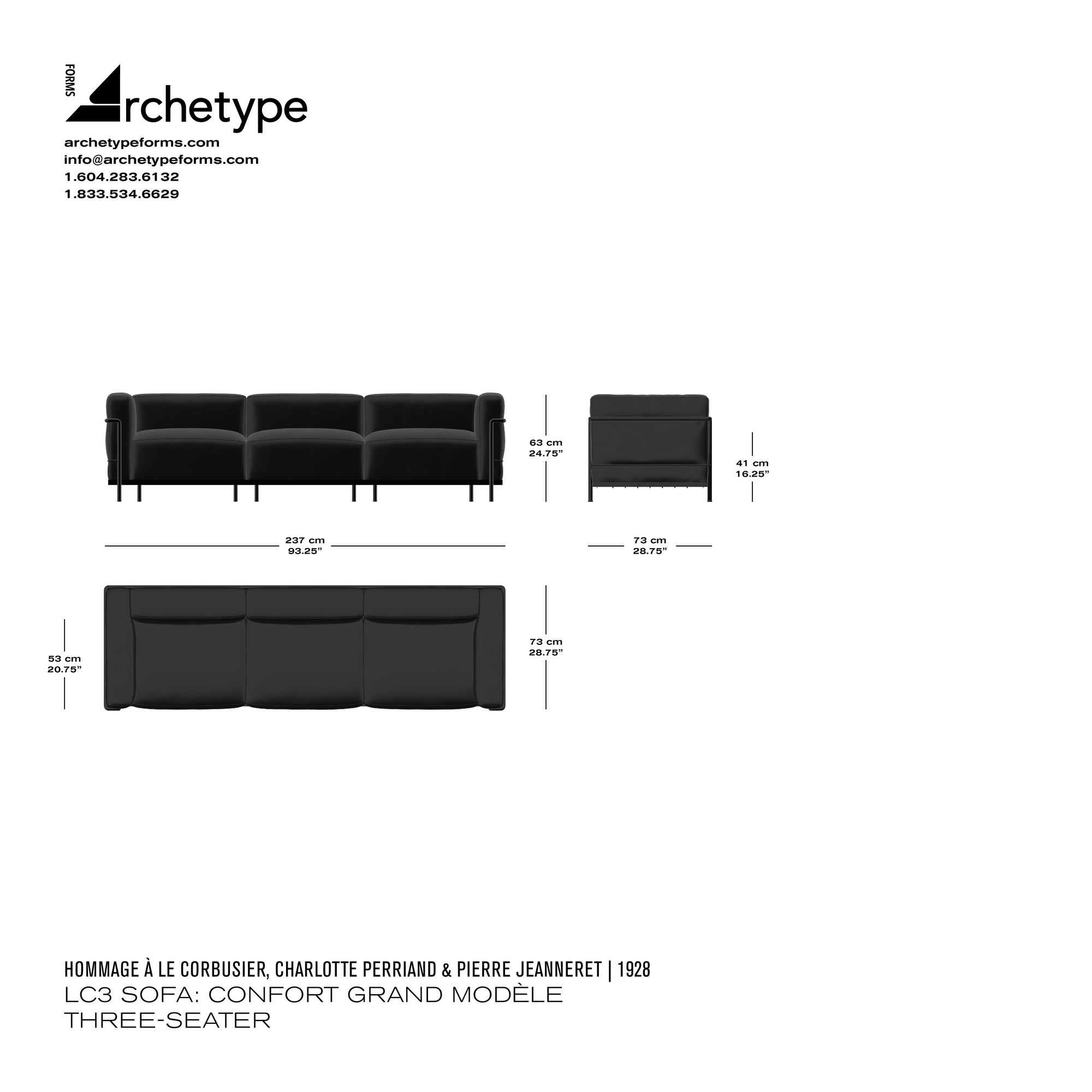 Dimensions diagram in cm and inches of the Archetype Forms LC3 Sofa: Confort Grand Modèle Three-Seater, a reproduction of the Le Corbusier, Charlotte Perriand, and Pierre Jeanneret LC3 Fauteuil Grand Confort, Grand Modèle Trois Places Sofa by Hommage À Le Corbusier