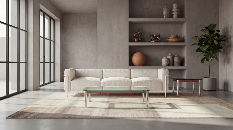 Modern living room with a white lc3 sofa, glass coffee table, and decorative shelves.