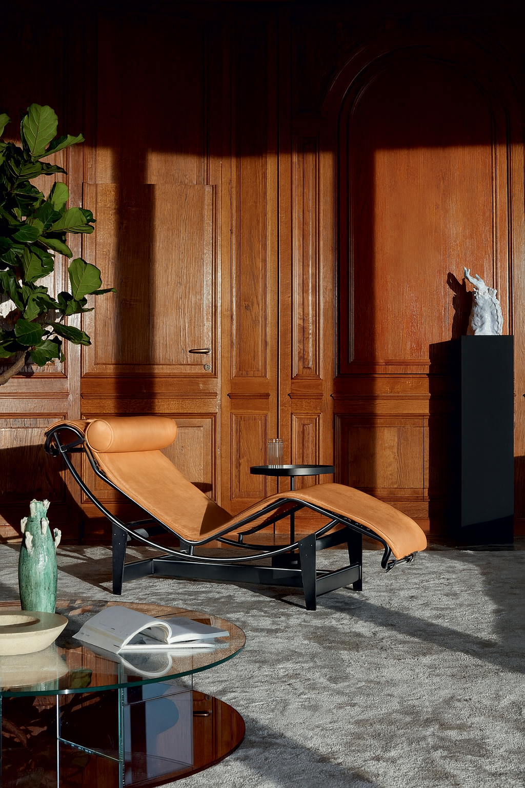 Reproduction of the LC4 Chaise Lounge Chair Genuine Leather by Le Corbusier. This Front Angle lifestyle view showcases the elegant design and craftsmanship. Perfect for modern interiors and luxury spaces.