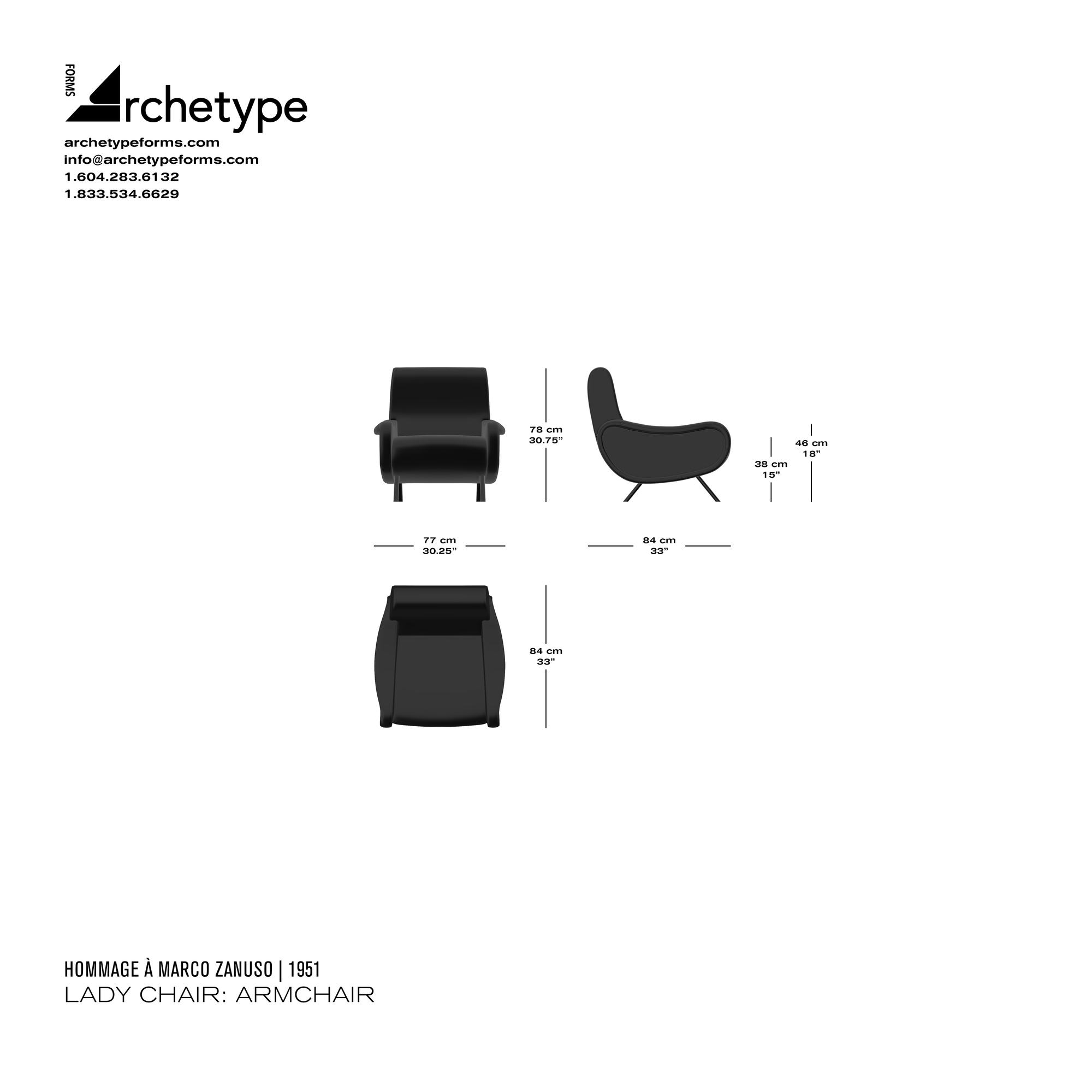 Dimensions diagram in cm and inches of the Archetype Forms Lady Chair: Armchair, a reproduction of the Marco Zanuso Lady Armchair by Hommage À Marco Zanuso