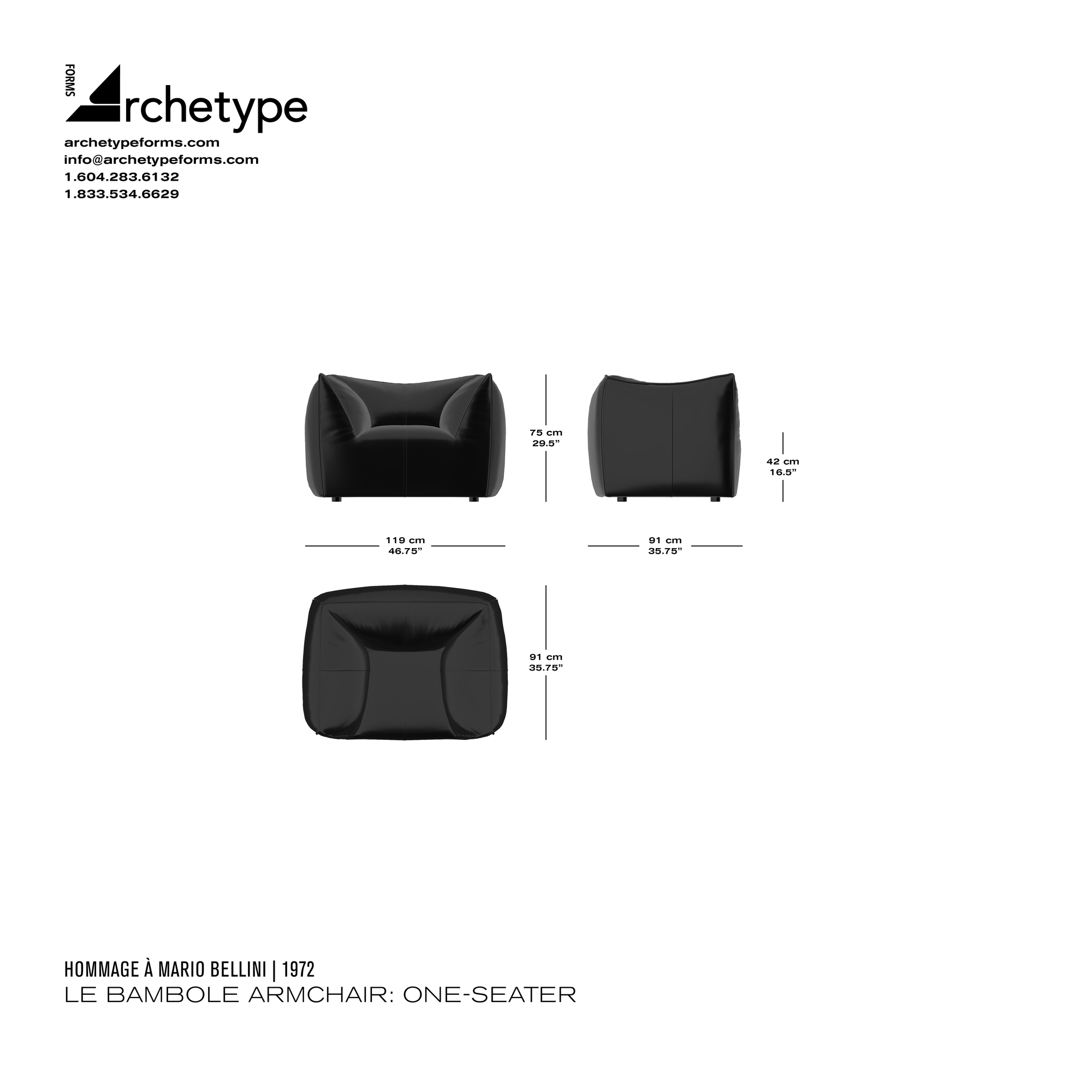 Dimensions diagram in cm and inches of the Archetype Forms Le Bambole: Armchair & Ottoman, a reproduction of the Mario Bellini Le Bambole Armchair & Pouf Ottoman by Hommage À Mario Bellini