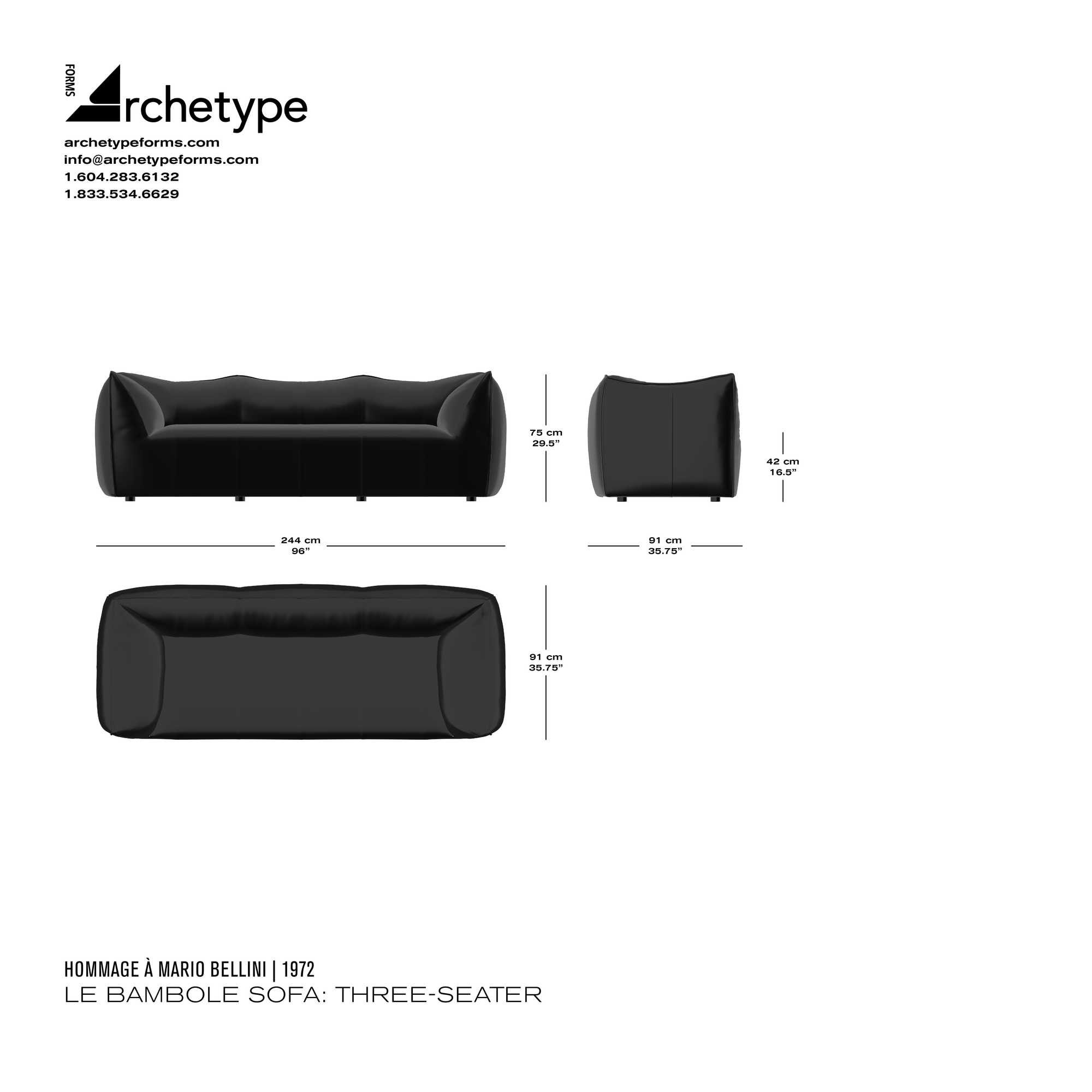 Dimensions diagram in cm and inches of the Archetype Forms Le Bambole Sofa: Three-Seater, a reproduction of the Mario Bellini Le Bambole 3-Seat Sofa by Hommage À Mario Bellini