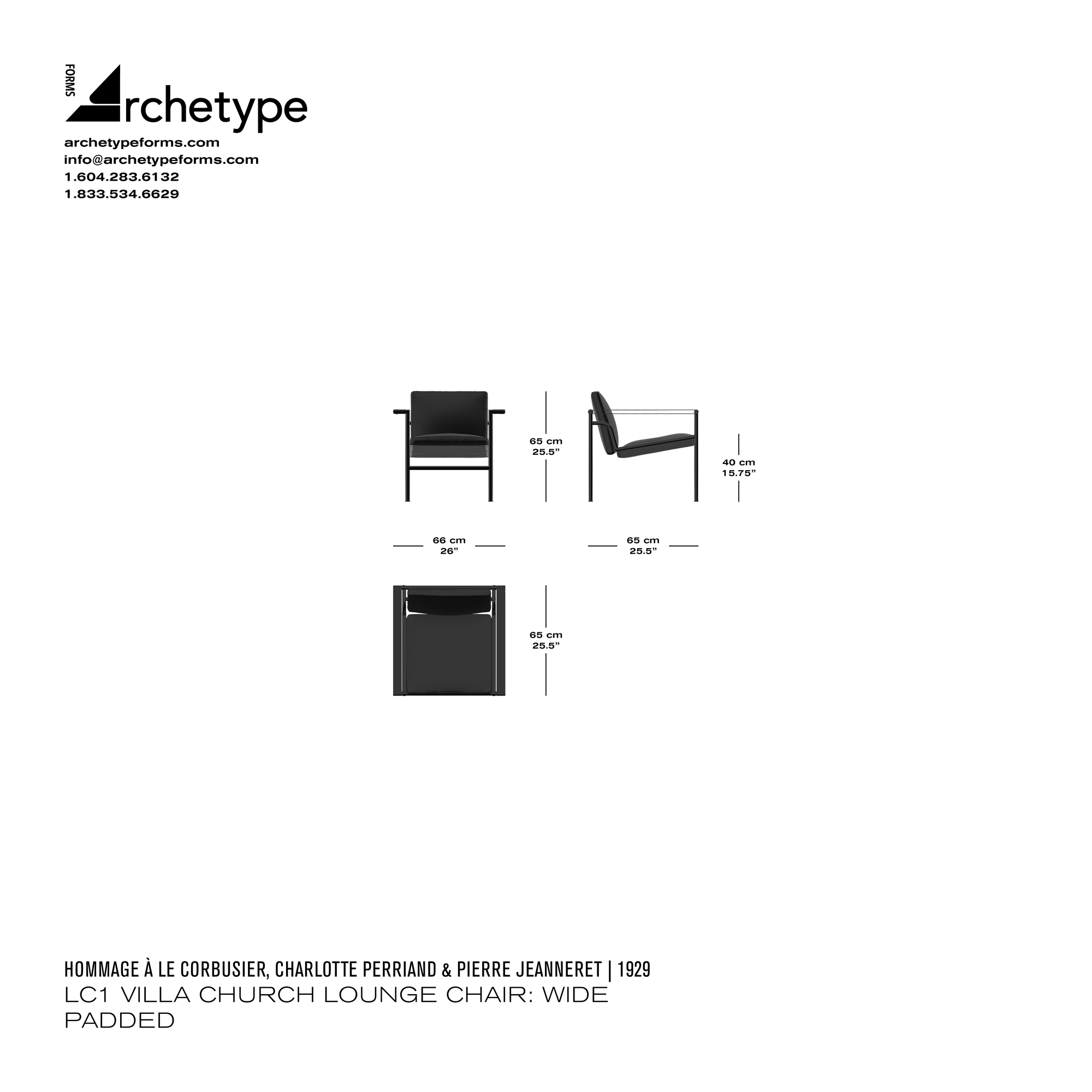Dimensions diagram in cm and inches of the Archetype Forms LC1 Villa Church Lounge Chair: Wide Padded Nubuck, a reproduction of the Le Corbusier, Pierre Jeanneret, and Charlotte Perriand LC1 1 Fauteuil À Dossier Villa Church UAM Chair by Hommage À Le Corbusier
