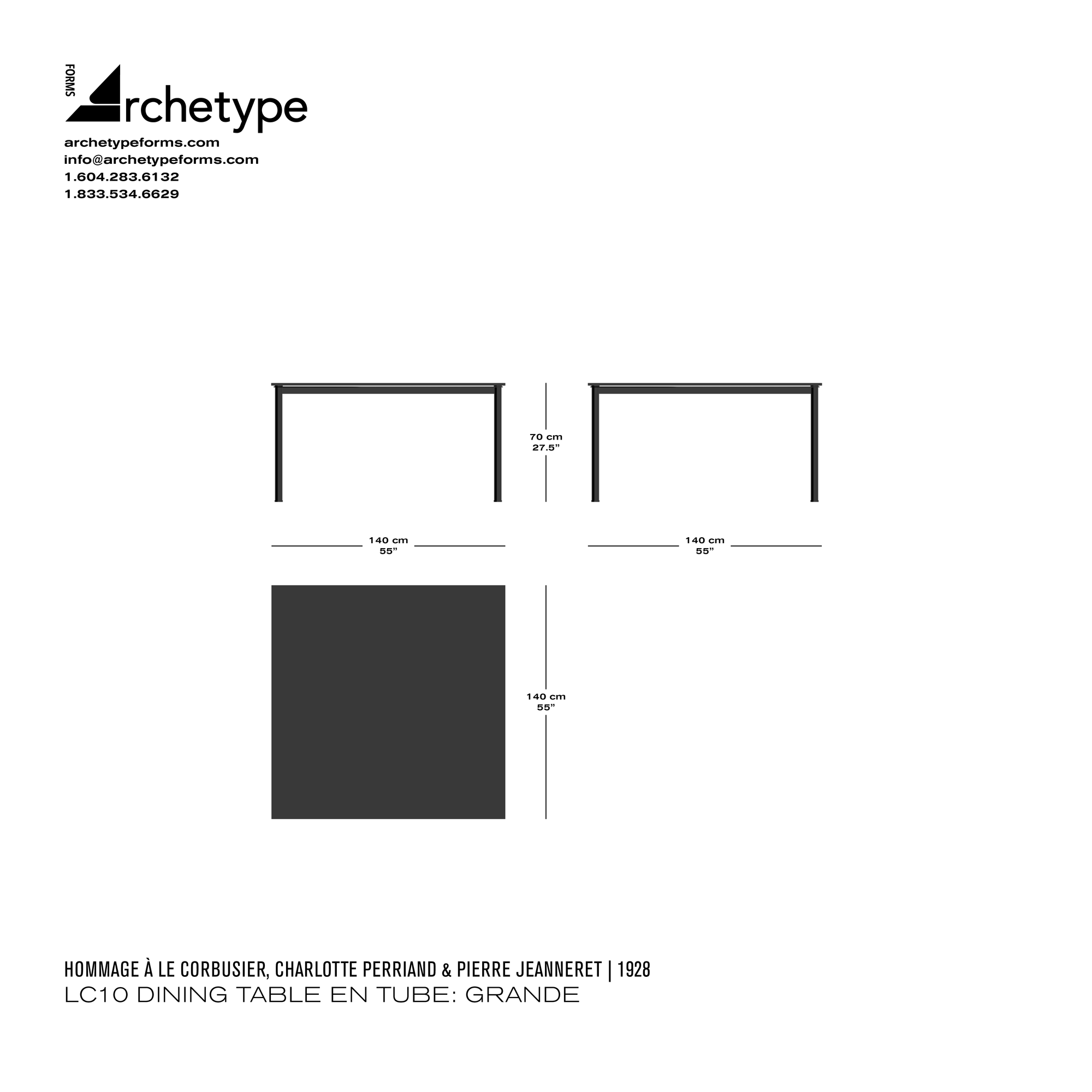 Dimensions diagram in cm and inches of the Archetype Forms LC10 Dining Table En Tube: Grande, a reproduction of the Le Corbusier, Pierre Jeanneret, and Charlotte Perriand LC10-P Table En Tube by Hommage À Le Corbusier