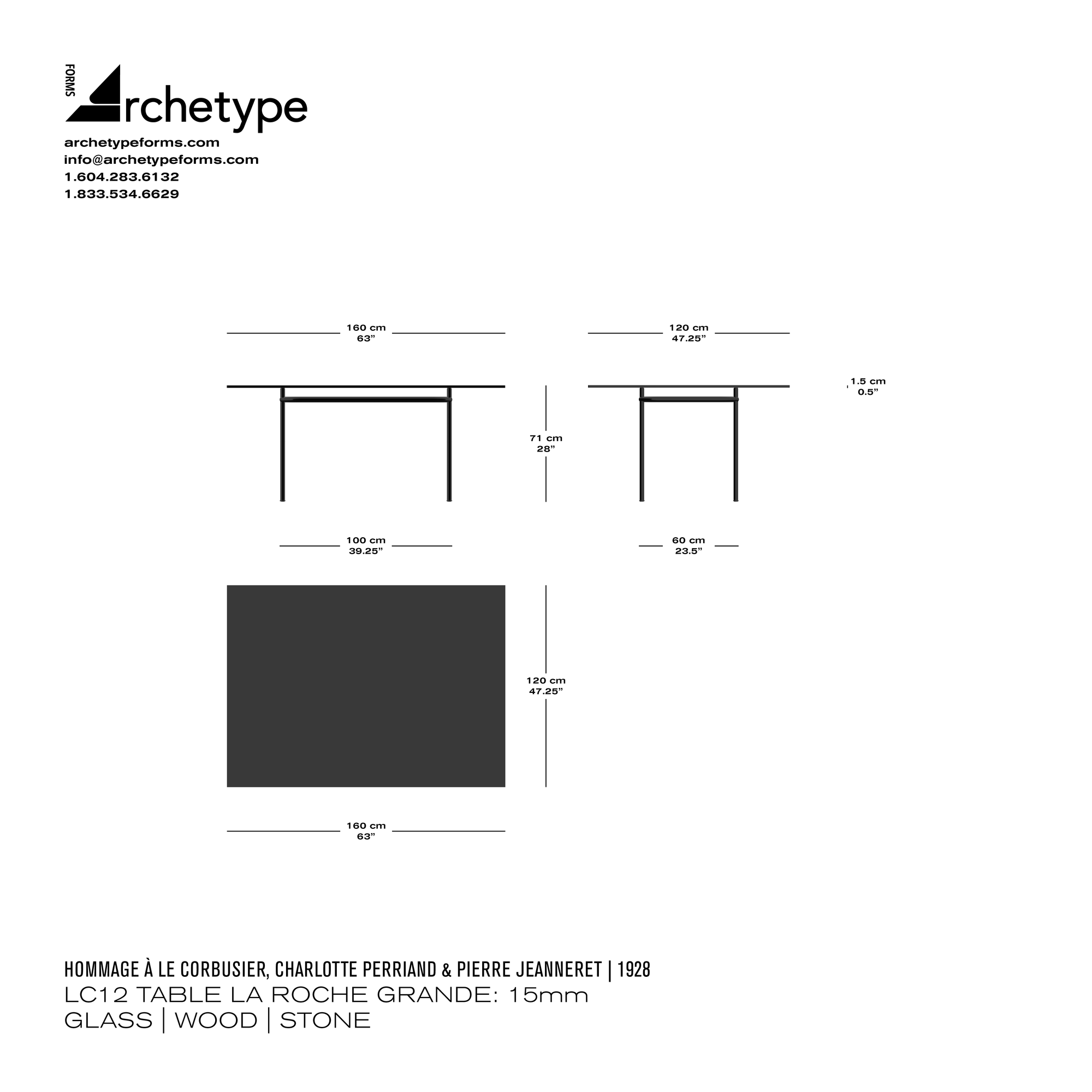 Dimensions diagram in cm and inches of the Archetype Forms LC12 Table La Roche Grande: Dining Table, a reproduction of the Le Corbusier and Pierre Jeanneret LC12 Table La Roche by Hommage À Le Corbusier