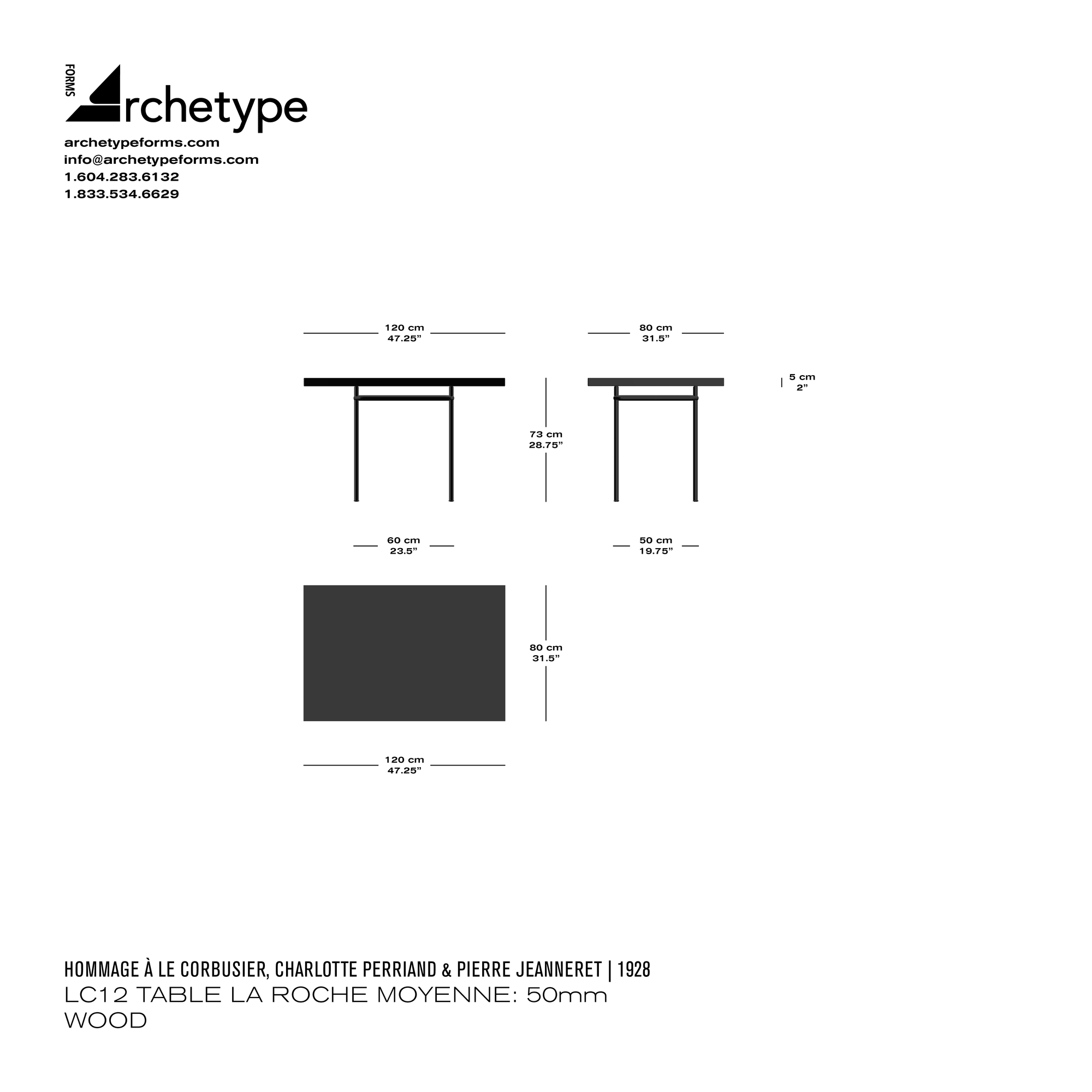Dimensions diagram in cm and inches of the Archetype Forms LC12 Table La Roche Moyenne: Dining Table Wood, a reproduction of the Le Corbusier and Pierre Jeanneret LC12 Table La Roche by Hommage À Le Corbusier
