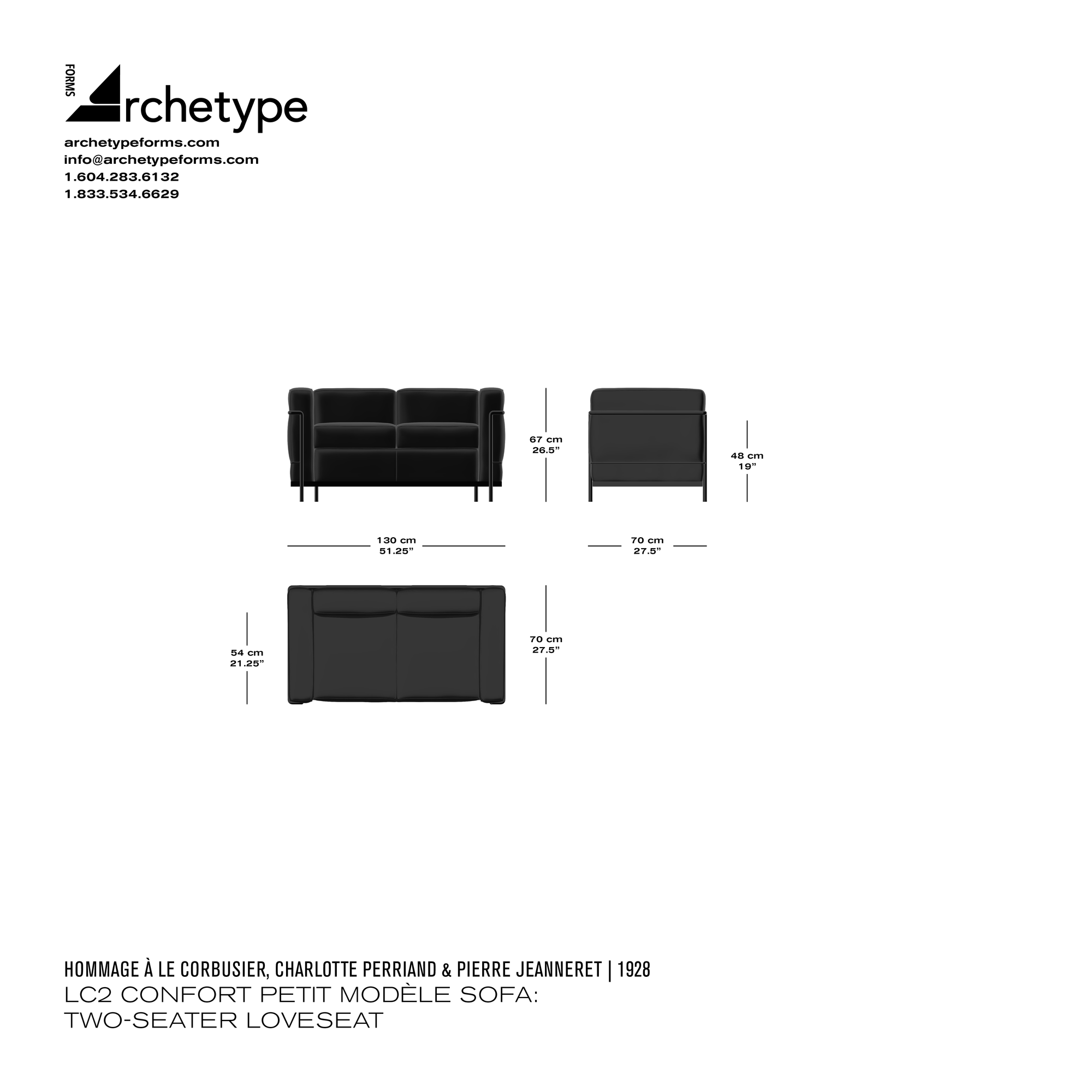 Dimensions diagram in cm and inches of the Archetype Forms LC2 Confort Petit Modèle Sofa: Two-Seater Loveseat, a reproduction of the Le Corbusier, Charlotte Perriand, and Pierre Jeanneret LC2 Grand Confort Petit Model Sofa by Hommage À Le Corbusier