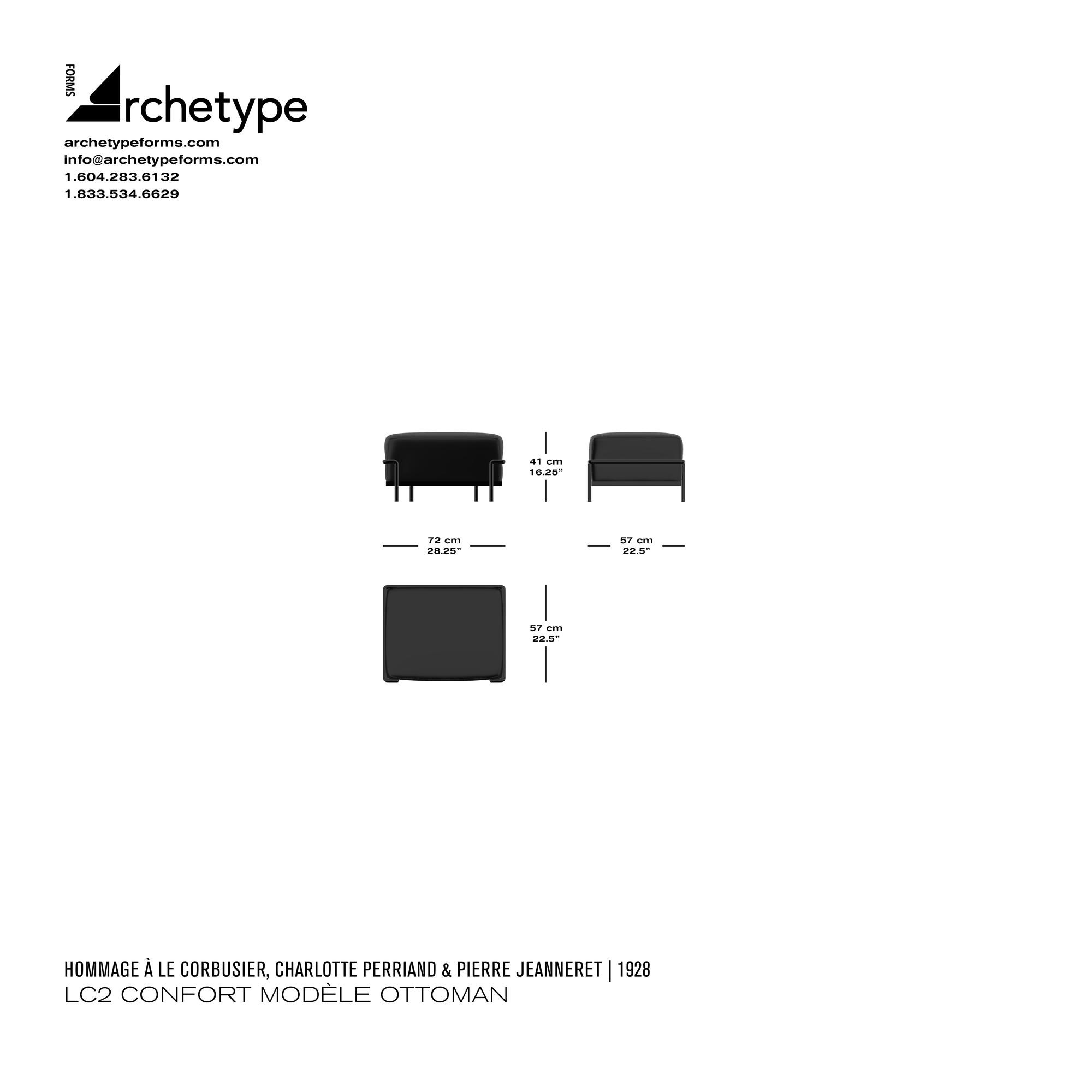 Dimensions diagram in cm and inches of the Archetype Forms LC2 | LC3 Confort Modèle Ottoman, a reproduction of the Le Corbusier, Charlotte Perriand, and Pierre Jeanneret LC2, 2 Ottomane by Hommage À Le Corbusier