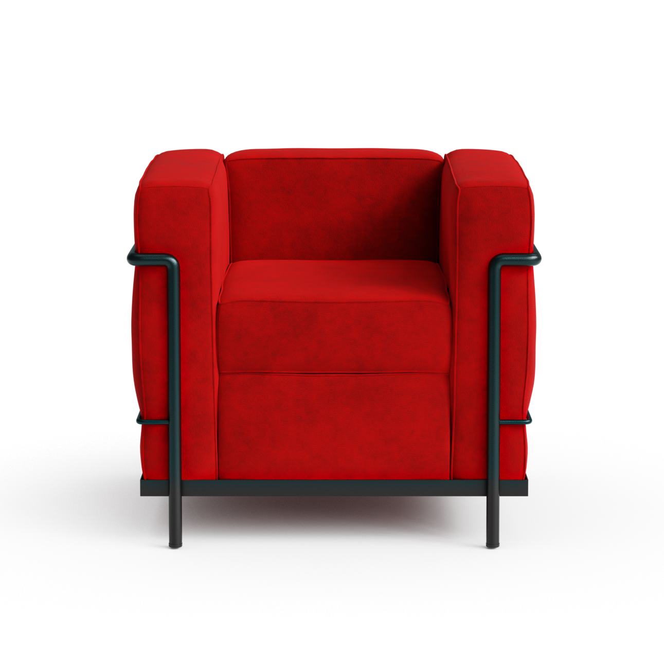 A modern red LC2 armchair with a black metal frame, shown from a front-facing perspective on a solid white background, square image.