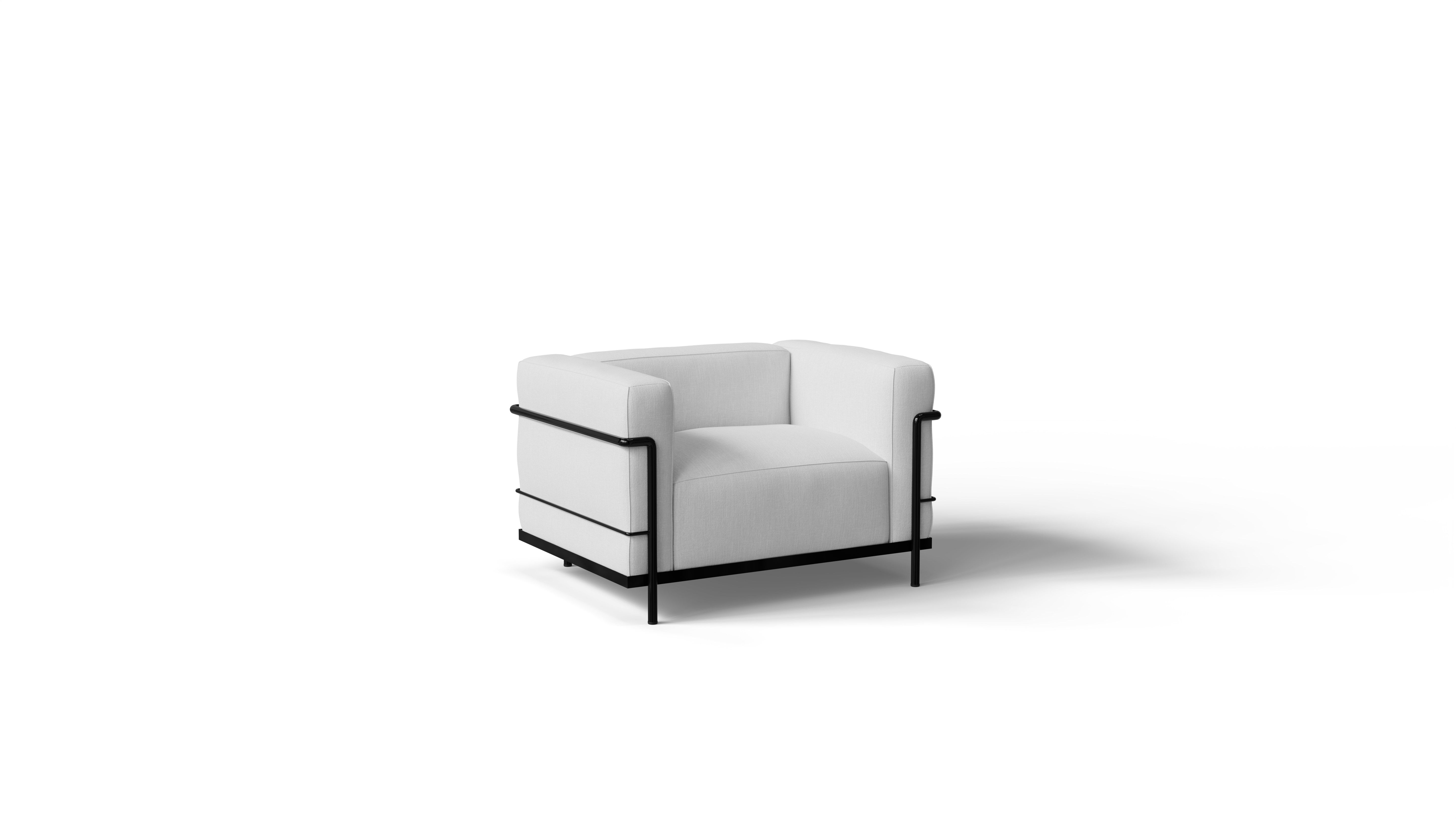 White Le Corbusier LC3 armchair with black frame on a white background, front-angle 2 view