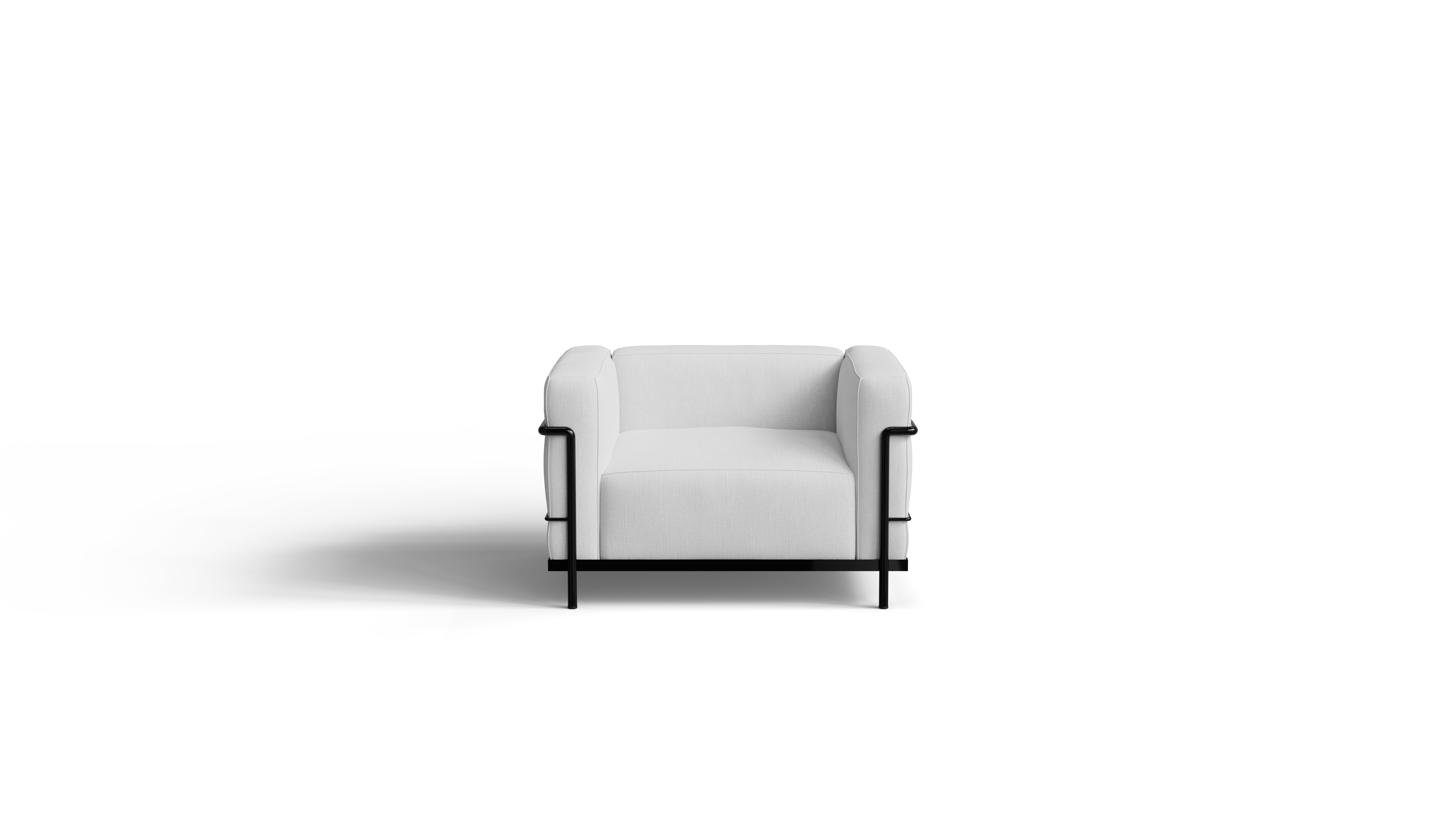 White Le Corbusier LC3 armchair with black frame on a white background, front view