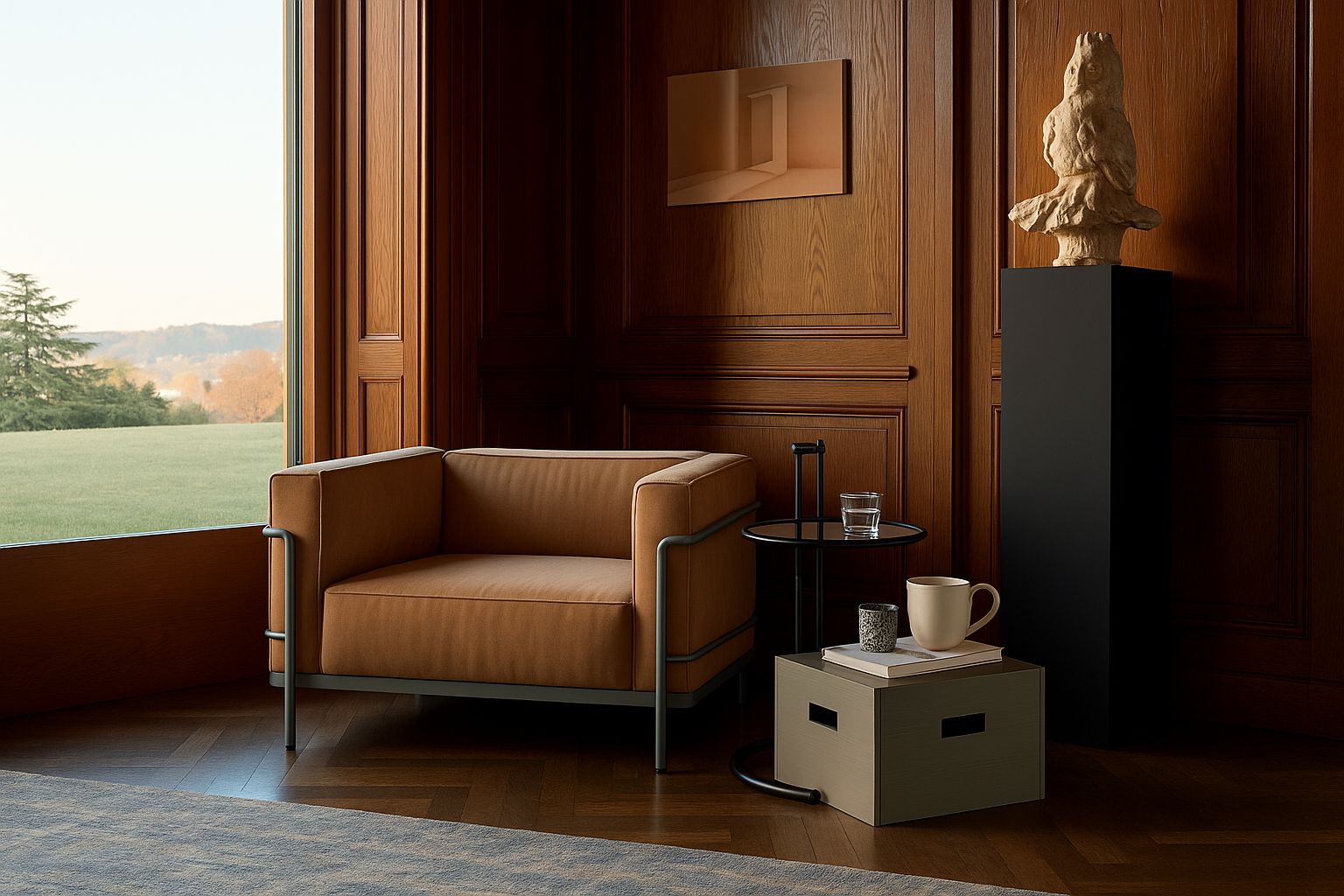 Brown Le Corbusier LC3 armchair in a room with wooden walls and a view of a landscape.